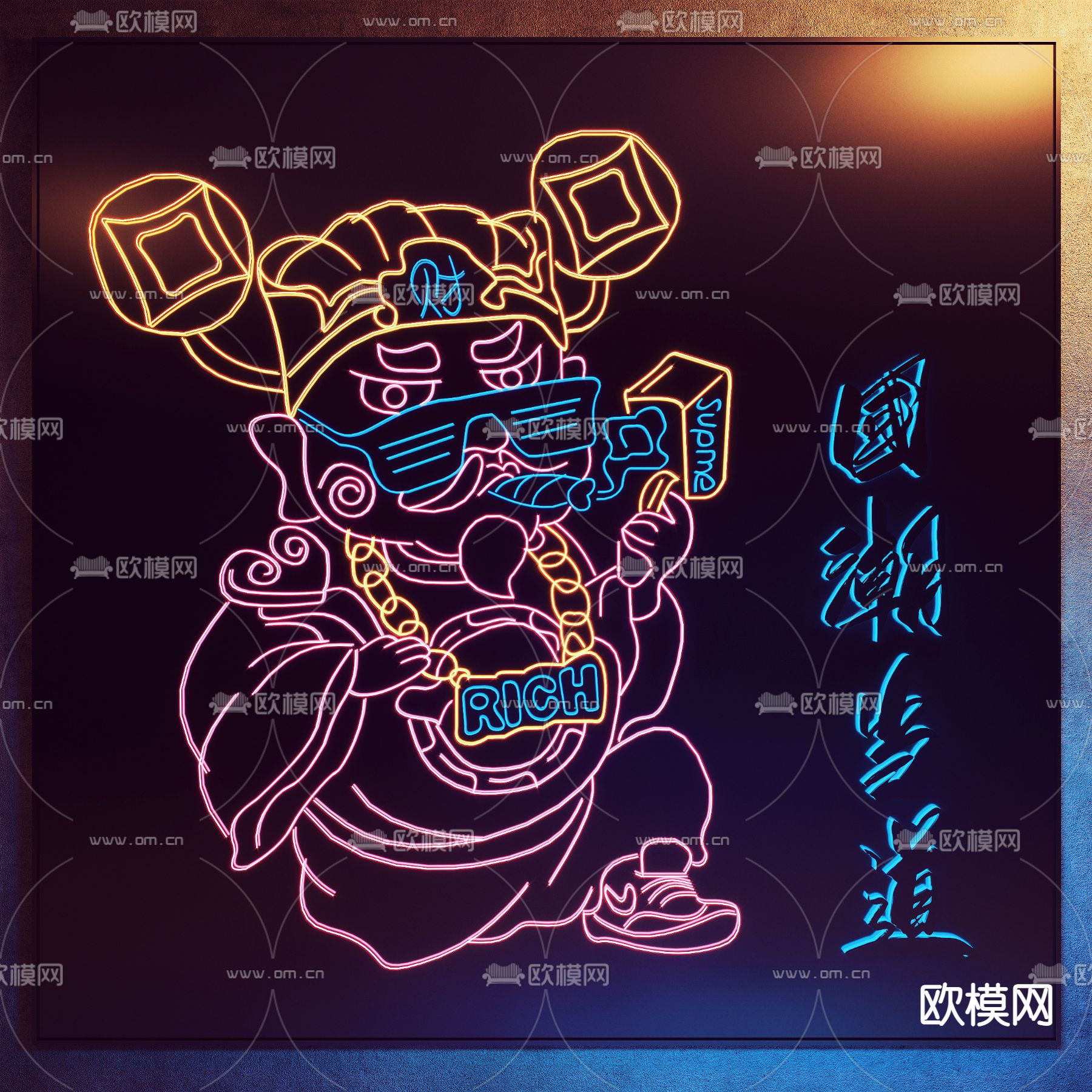 现代国潮财神爷霓虹灯su模型下载（渲染图1）