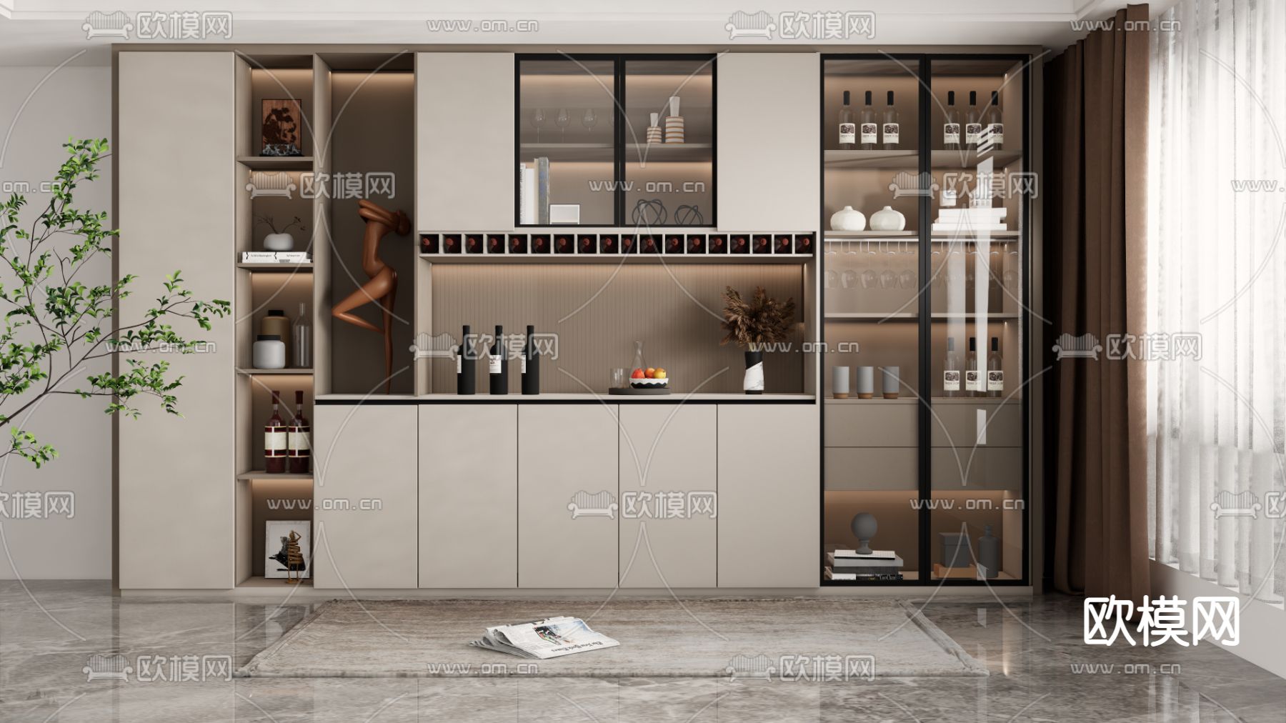现代轻奢酒柜su模型下载（渲染图1）