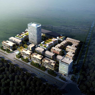  现代产业园办公楼鸟瞰su模型 