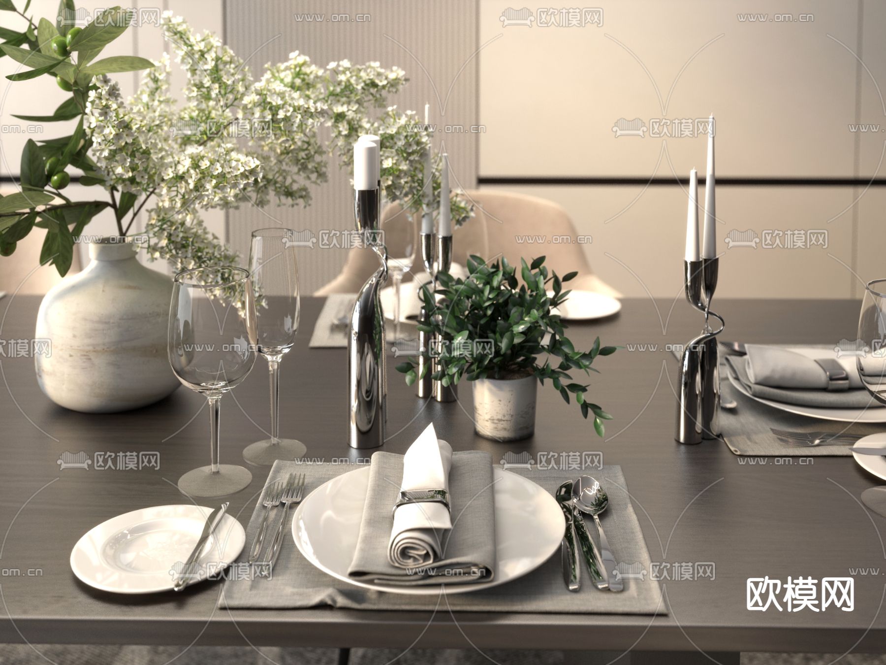 现代盆栽 餐具 餐桌椅3d模型下载（渲染图1）