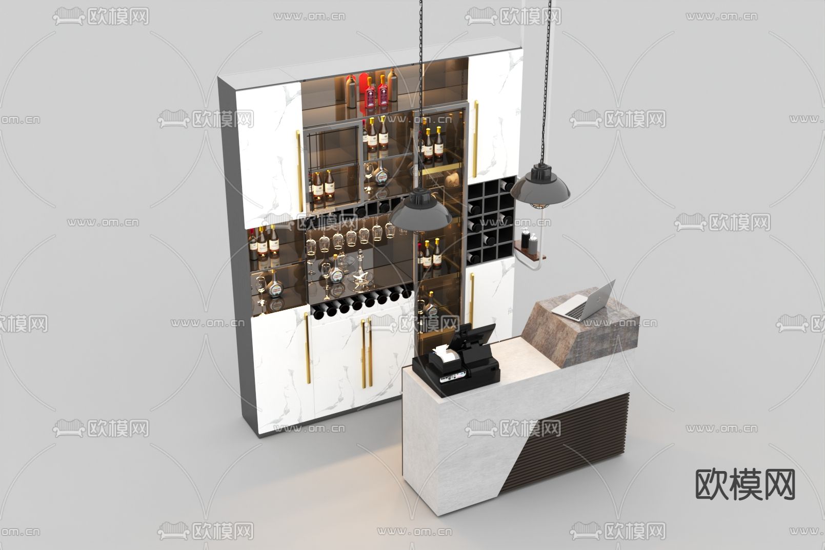 现代轻奢大理石实木接待台实木大理石酒柜免费3d模型下载