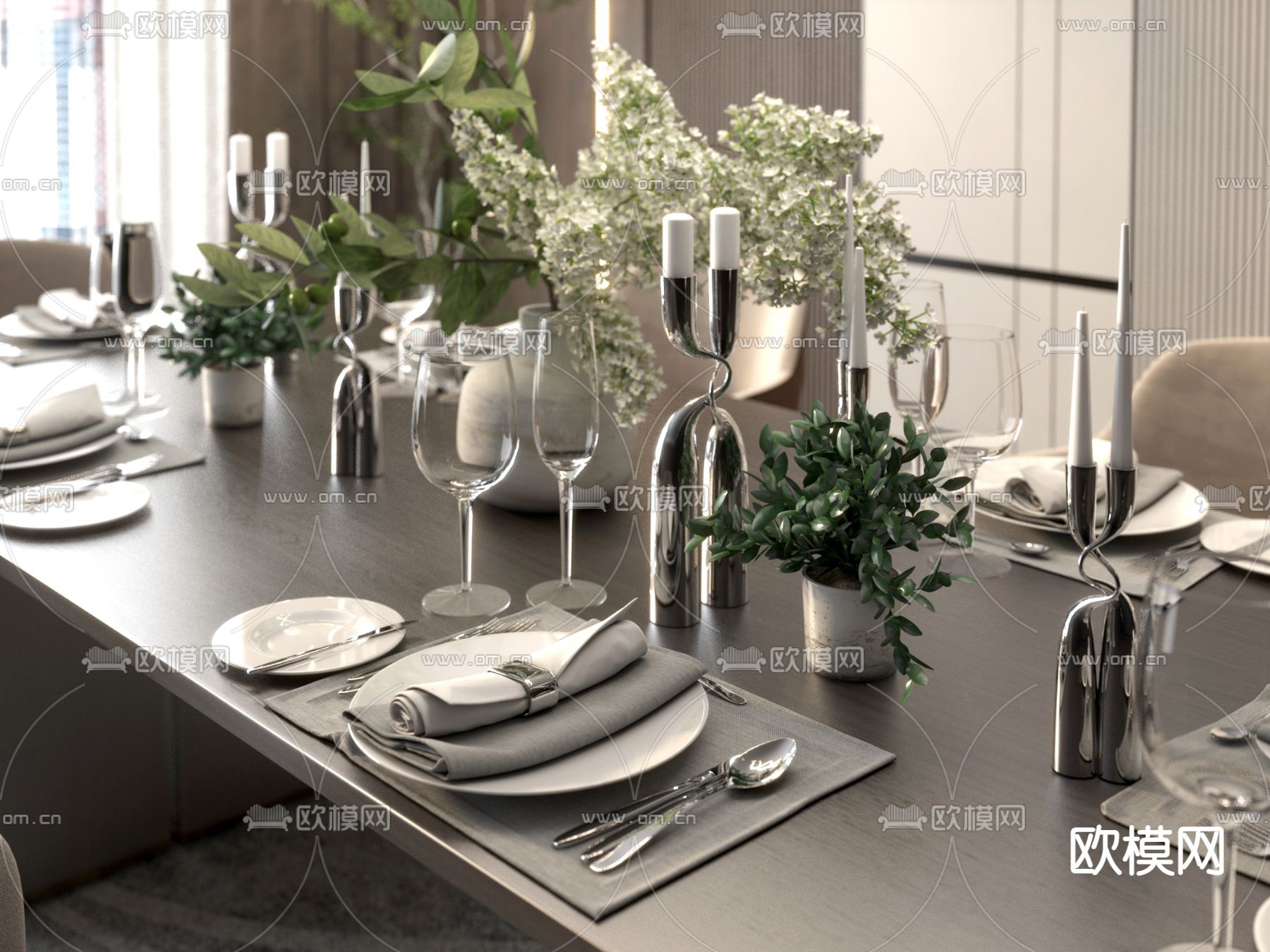 现代盆栽 餐具 餐桌椅3d模型下载（渲染图2）