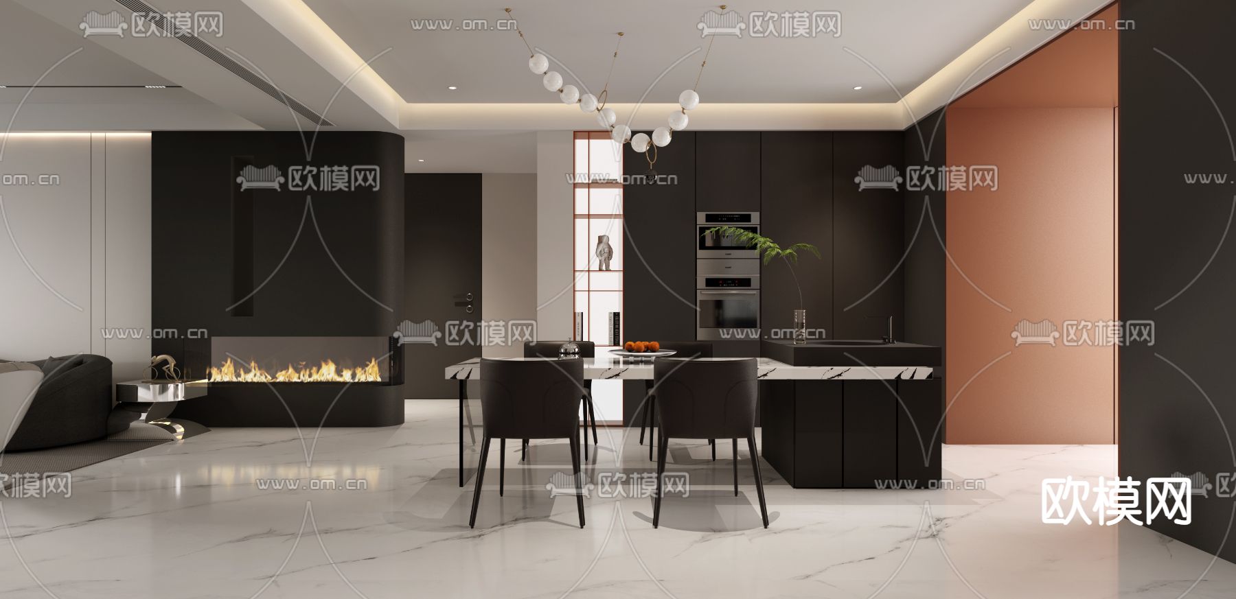 现代高级灰客厅餐厅3d模型下载（渲染图3）