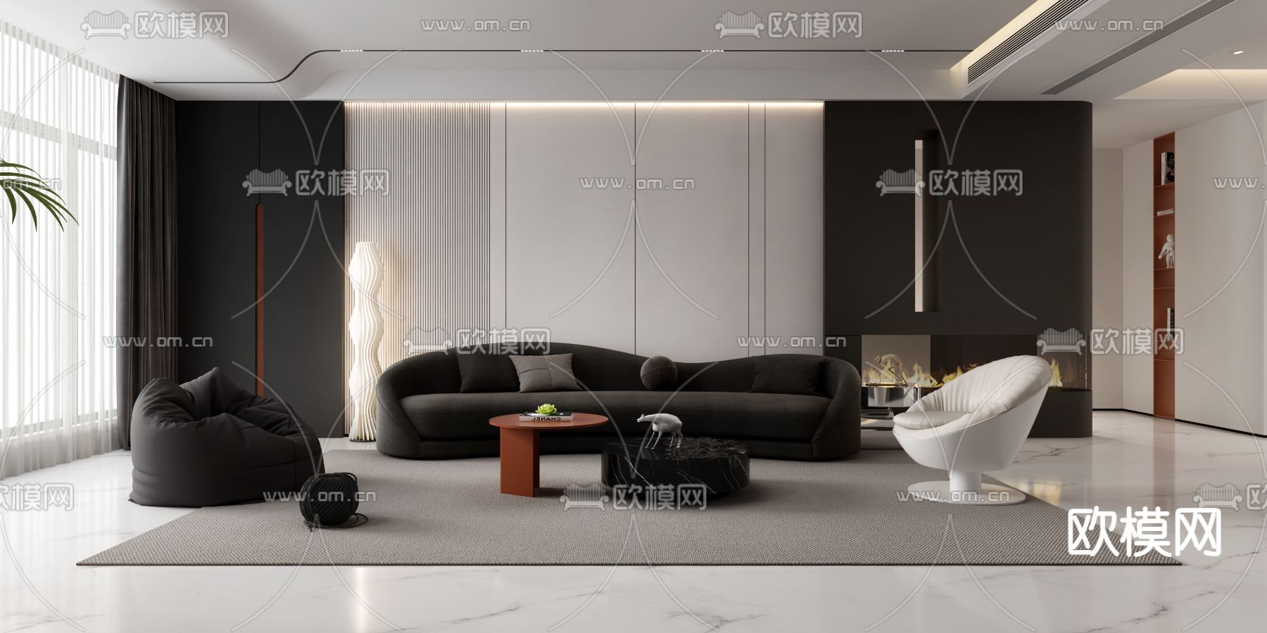 现代高级灰客厅餐厅3d模型下载（渲染图1）