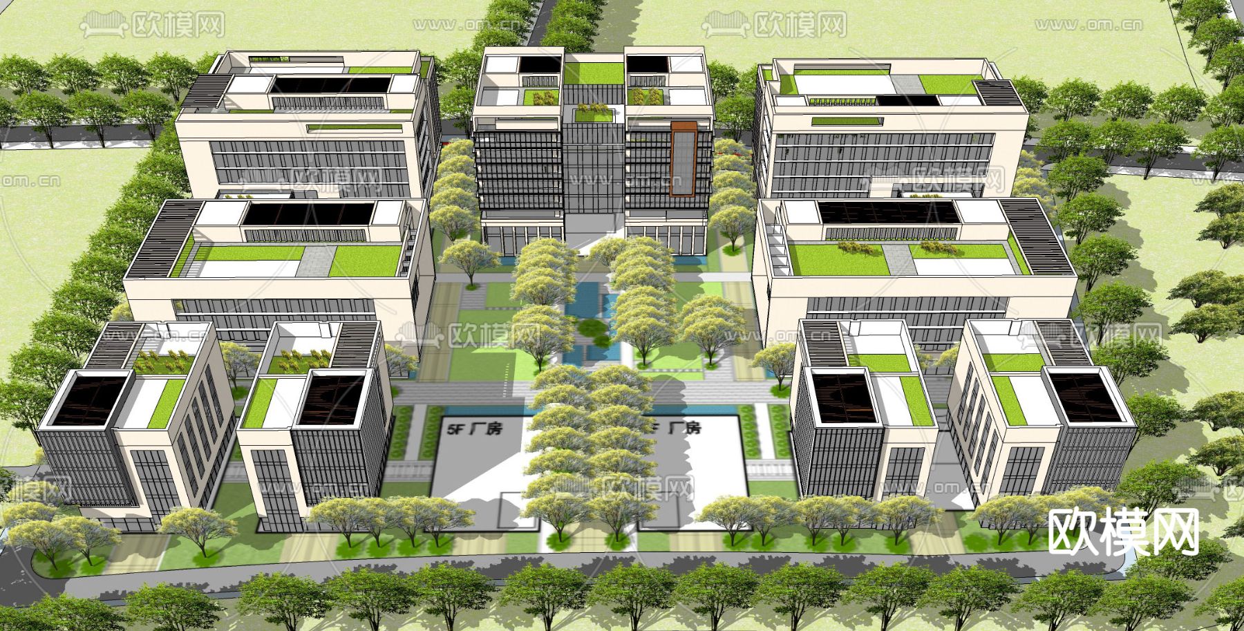 现代产业园办公楼鸟瞰su模型下载（渲染图2）