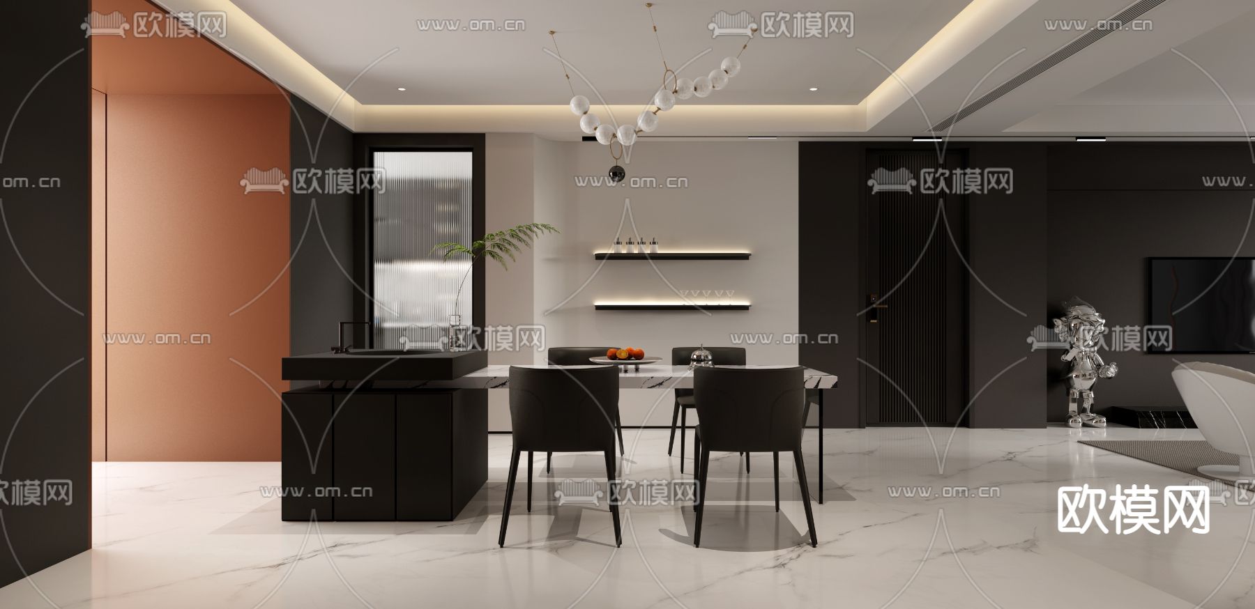 现代高级灰客厅餐厅3d模型下载（渲染图4）