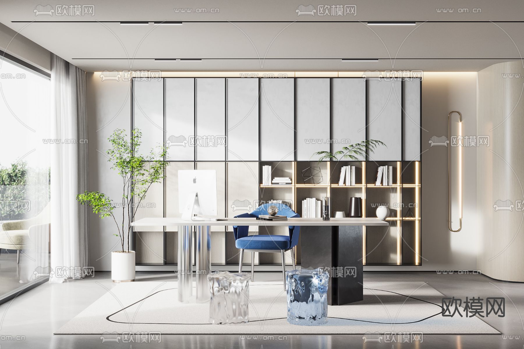 现代奶油风书房3d模型下载_ID12113539_3dmax免费模型-欧模网