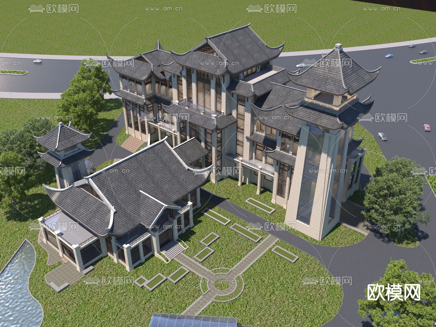 中式酒店外观 鸟瞰3d模型下载_ID12109738_3dmax免费模型 欧模网