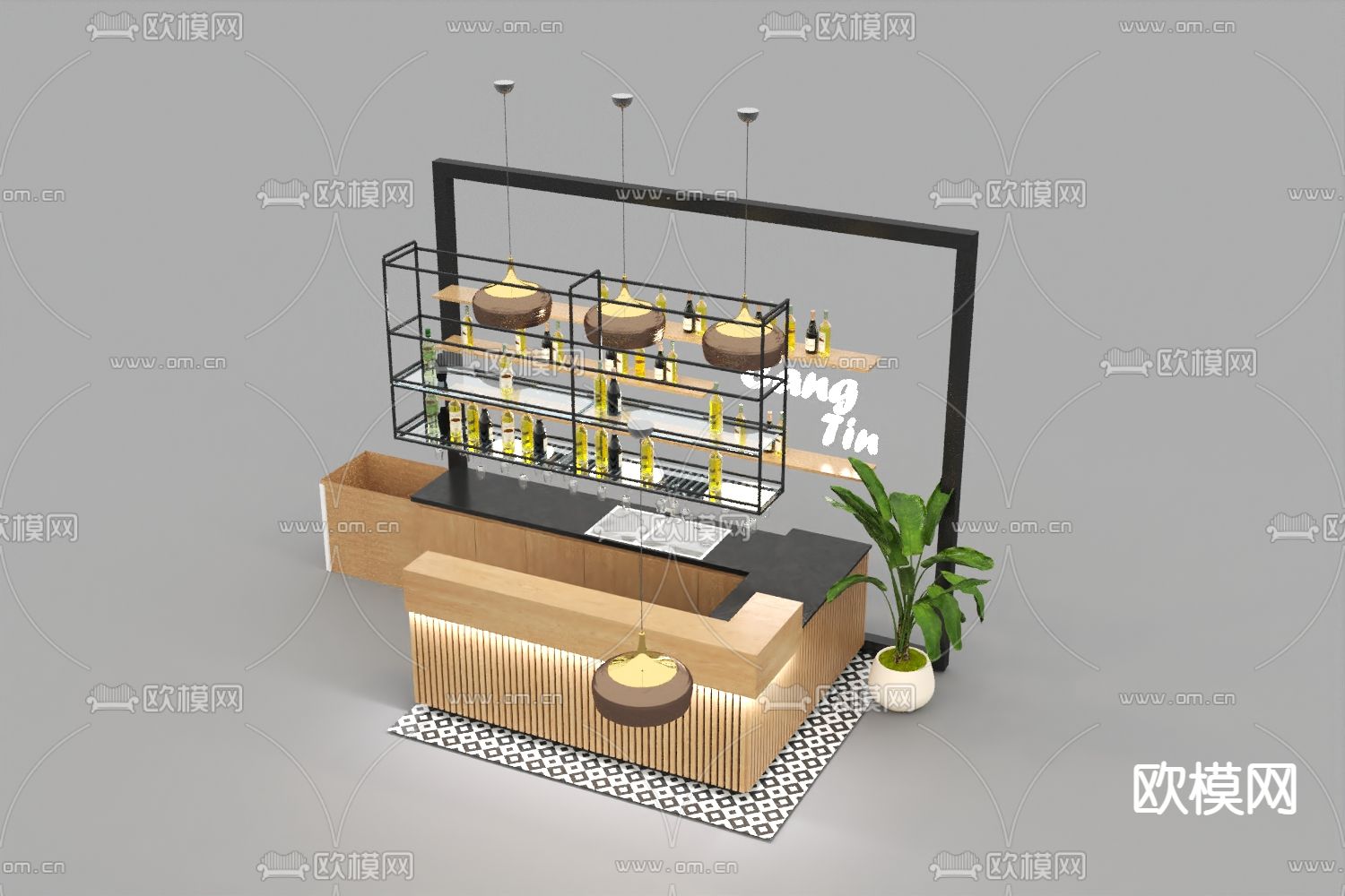 北欧简约实木岩板吧台免费3d模型下载