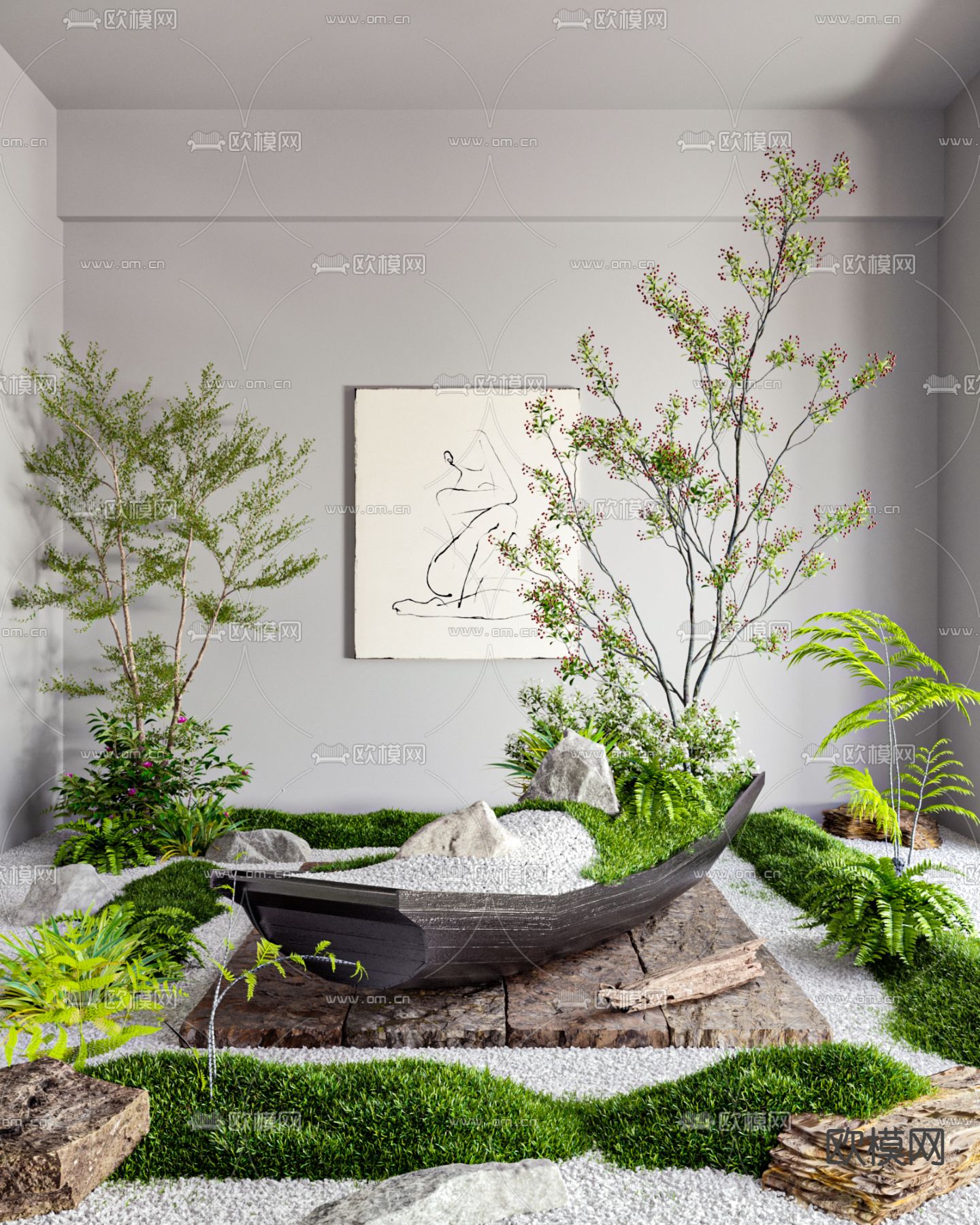 新中式绿植 山石 景观小品3d模型下载