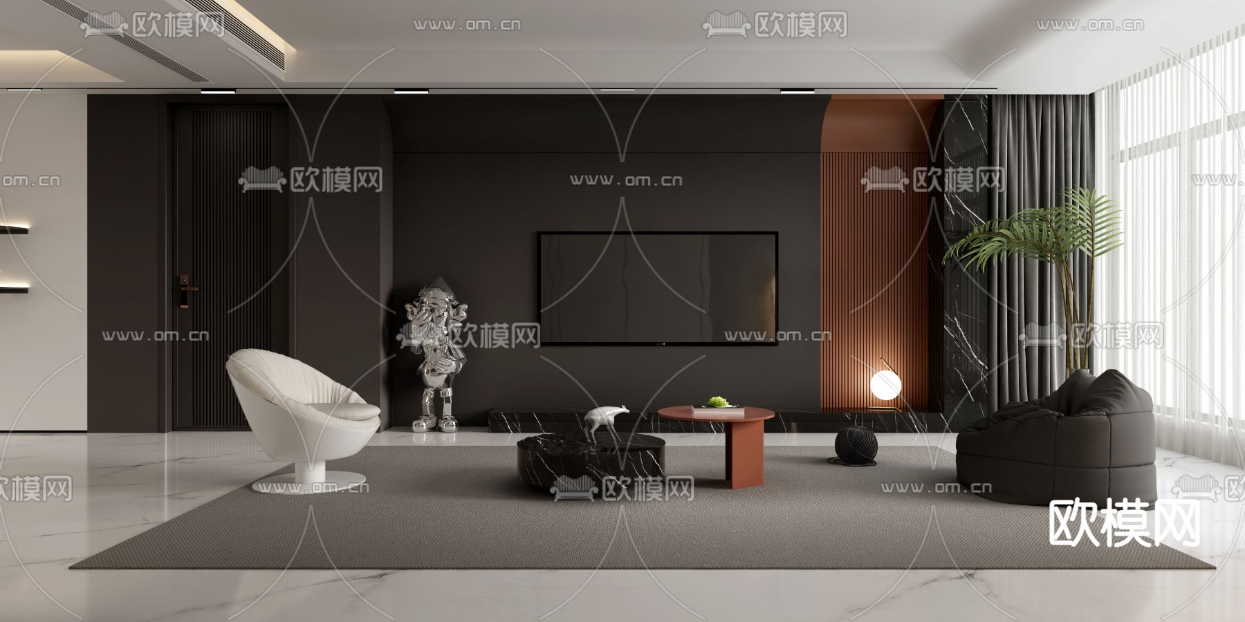 现代高级灰客厅餐厅3d模型下载（渲染图2）