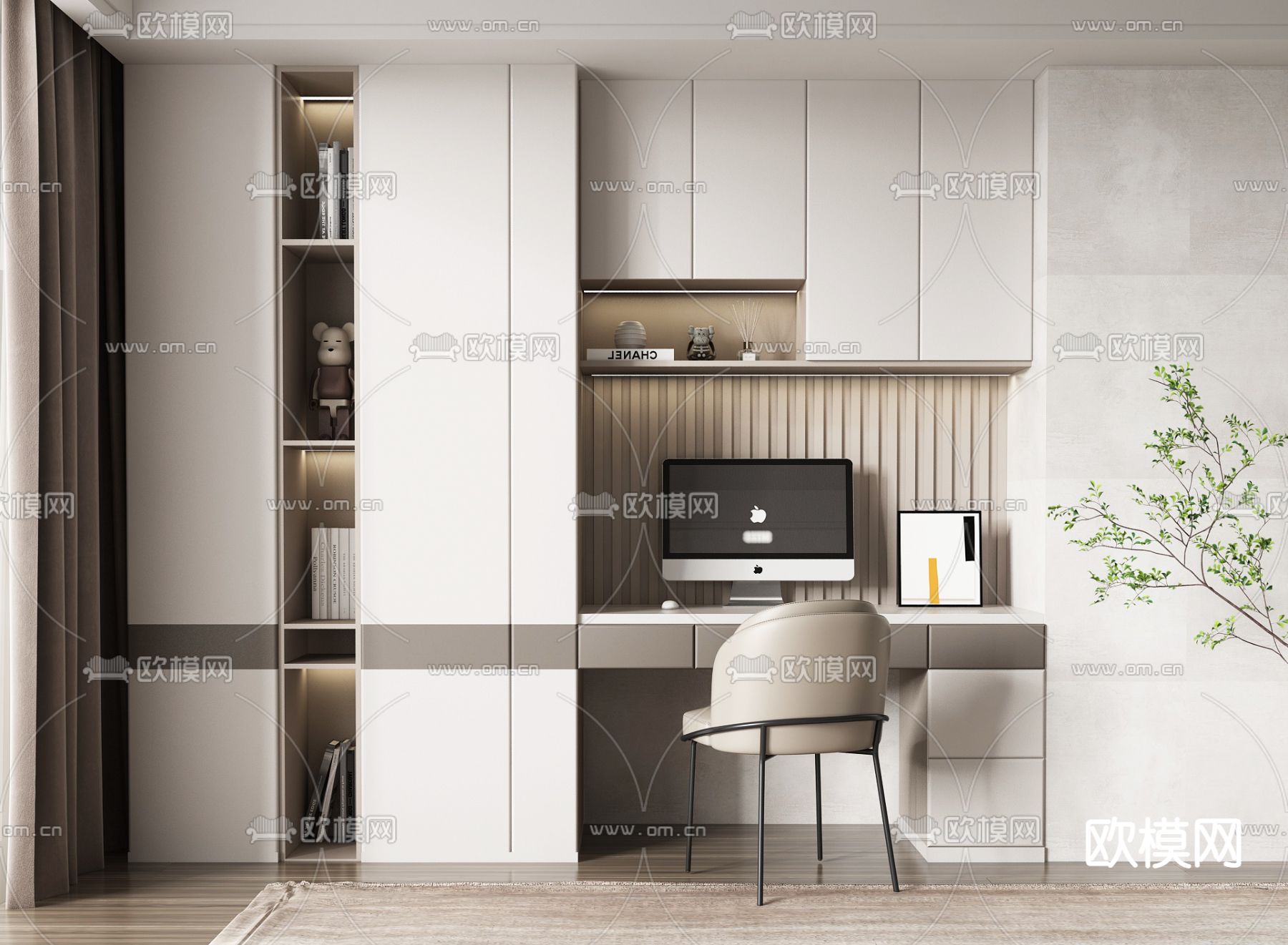 现代一体式书柜 书桌椅3d模型下载