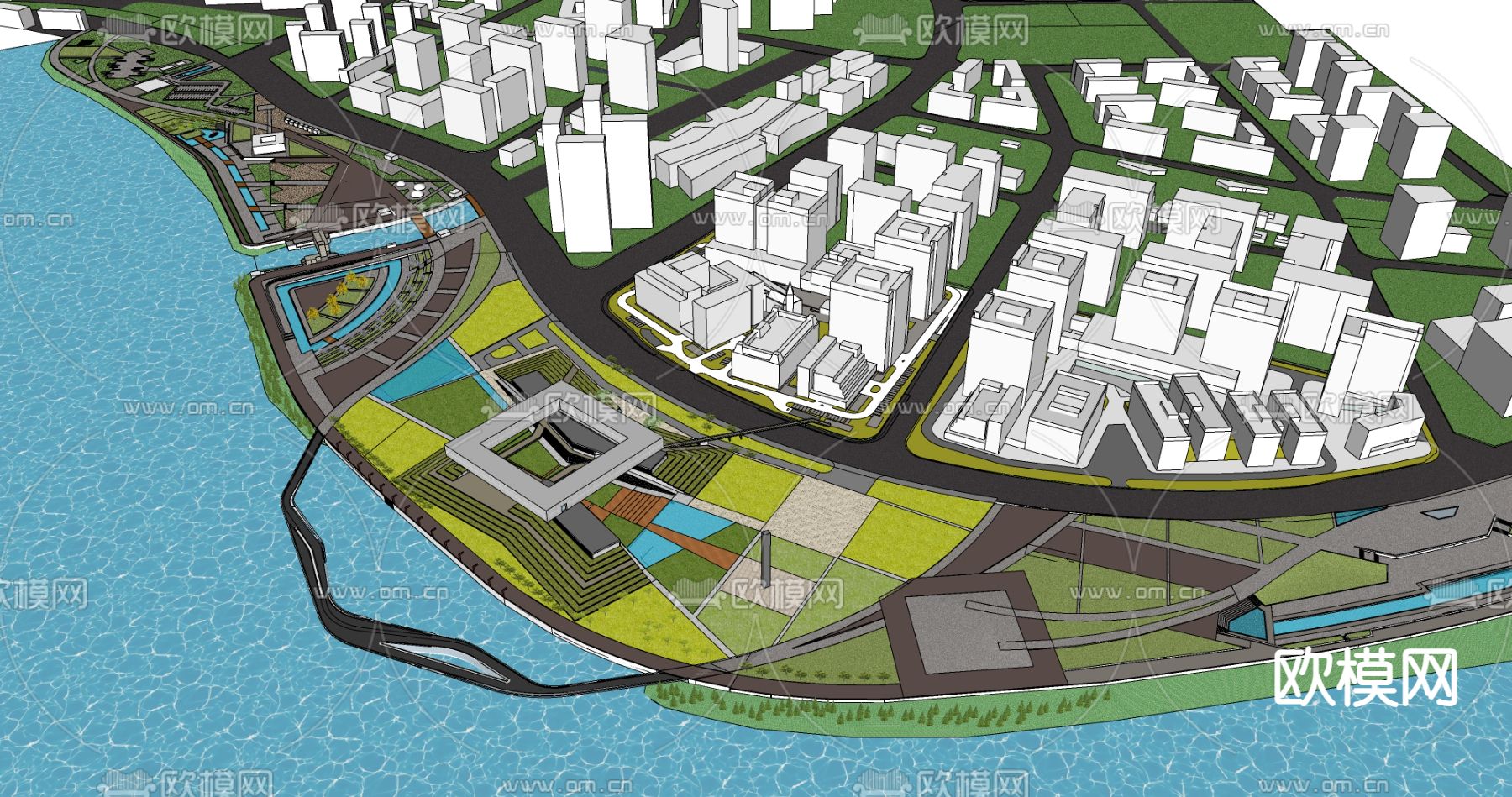 现代城市滨水公园景观su模型下载（渲染图3）