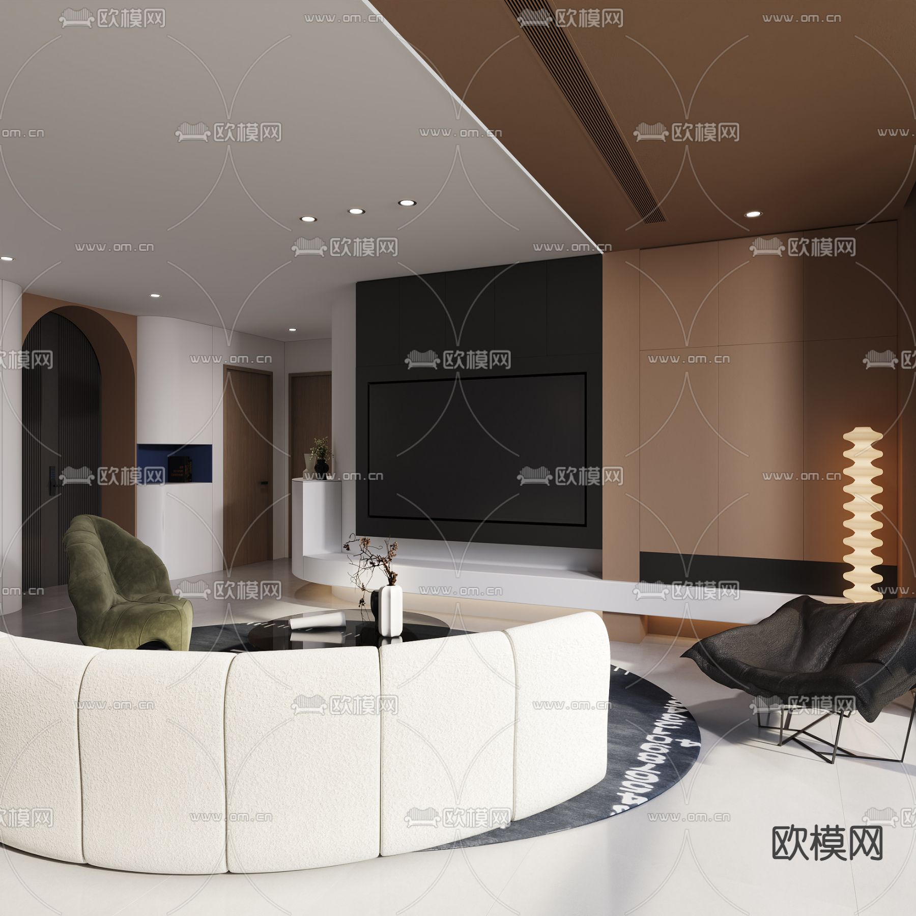 现代奶油风客厅餐厅3d模型下载（渲染图10）