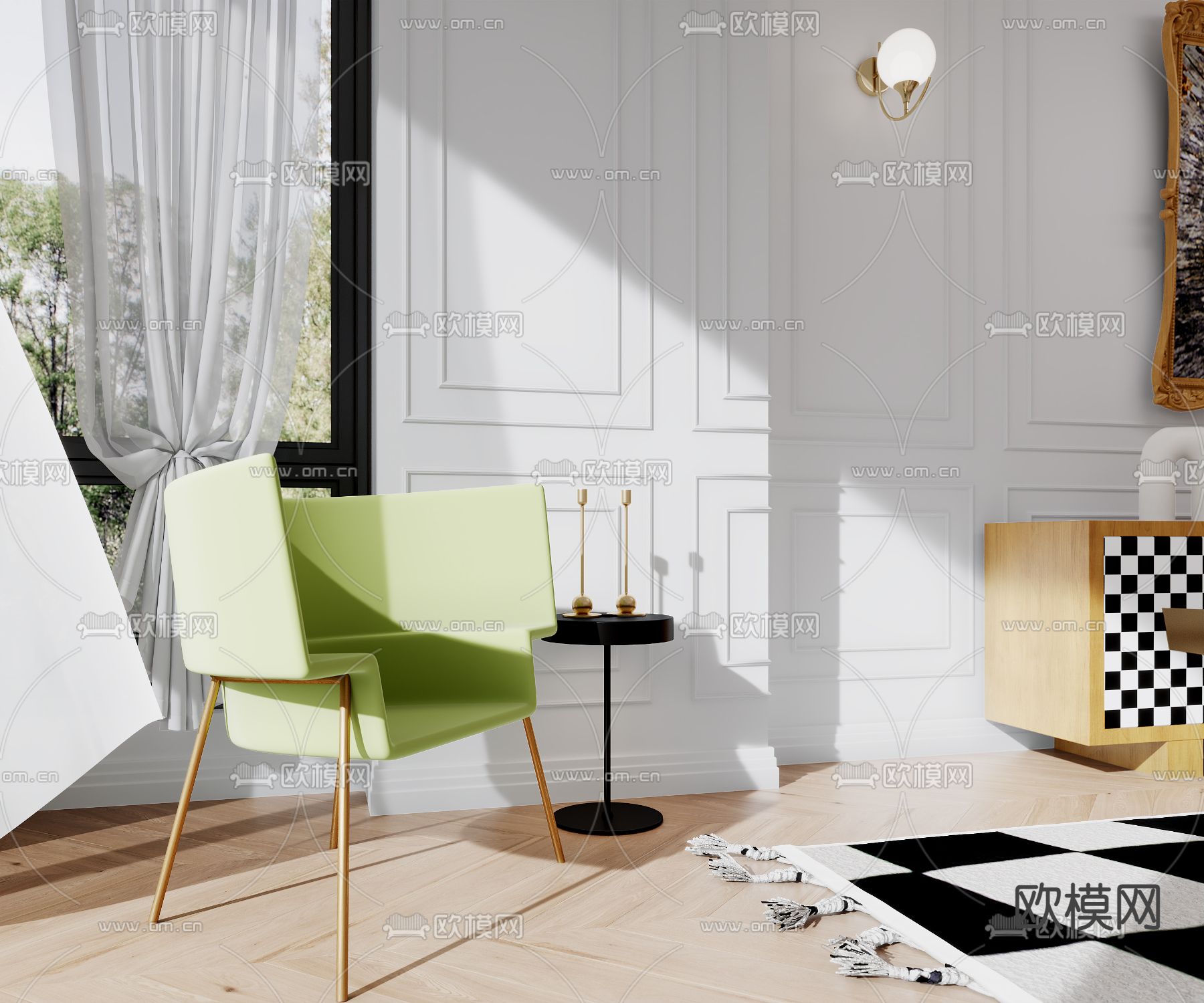 法式客厅餐厅3d模型下载（渲染图6）