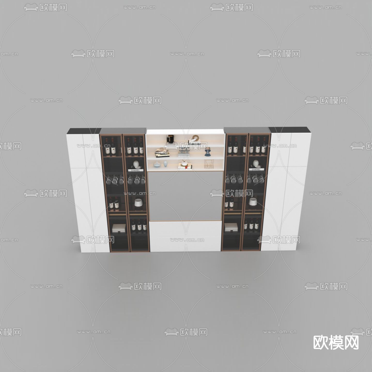 现代轻奢实木玻璃门电视柜免费3d模型下载