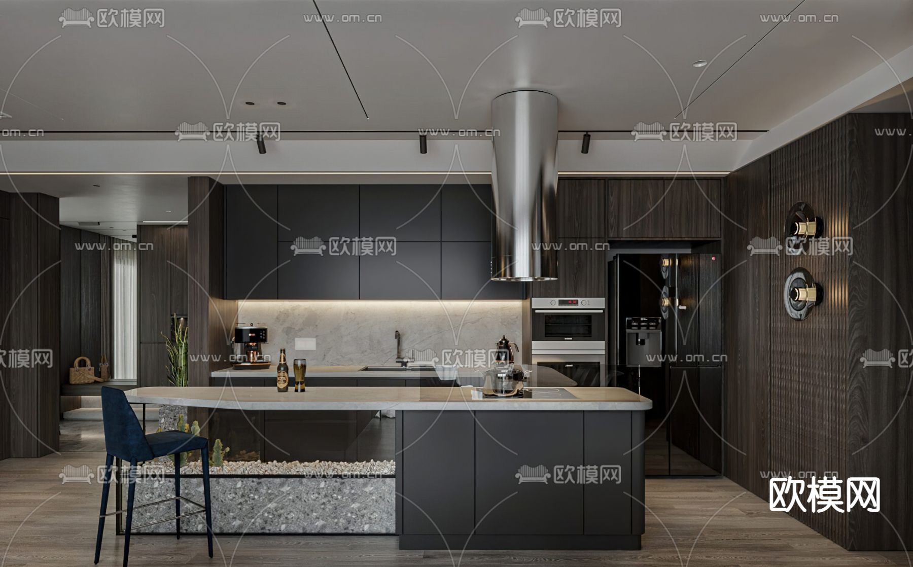 现代暗黑风客餐厅3d模型下载（渲染图2）