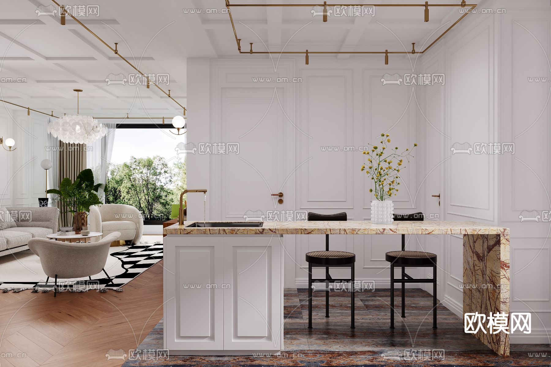 法式客厅餐厅3d模型下载（渲染图8）