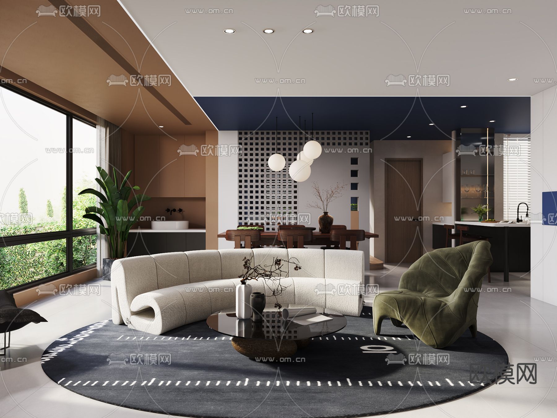 现代奶油风客厅餐厅3d模型下载（渲染图1）