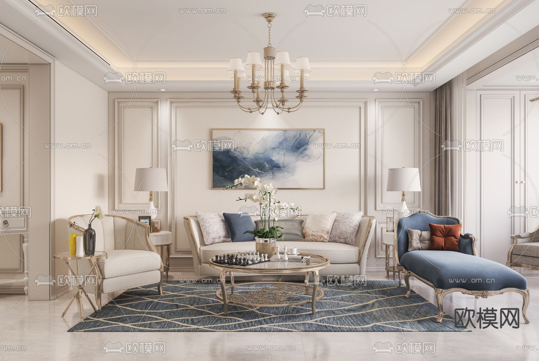 简欧客厅餐厅3d模型下载（渲染图3）