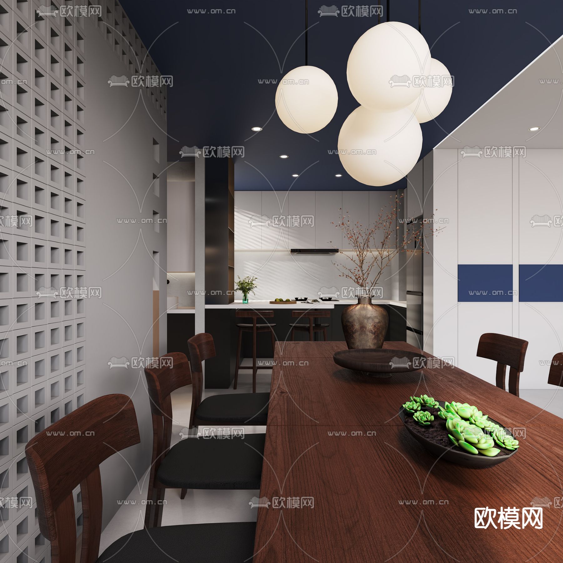 现代奶油风客厅餐厅3d模型下载（渲染图9）