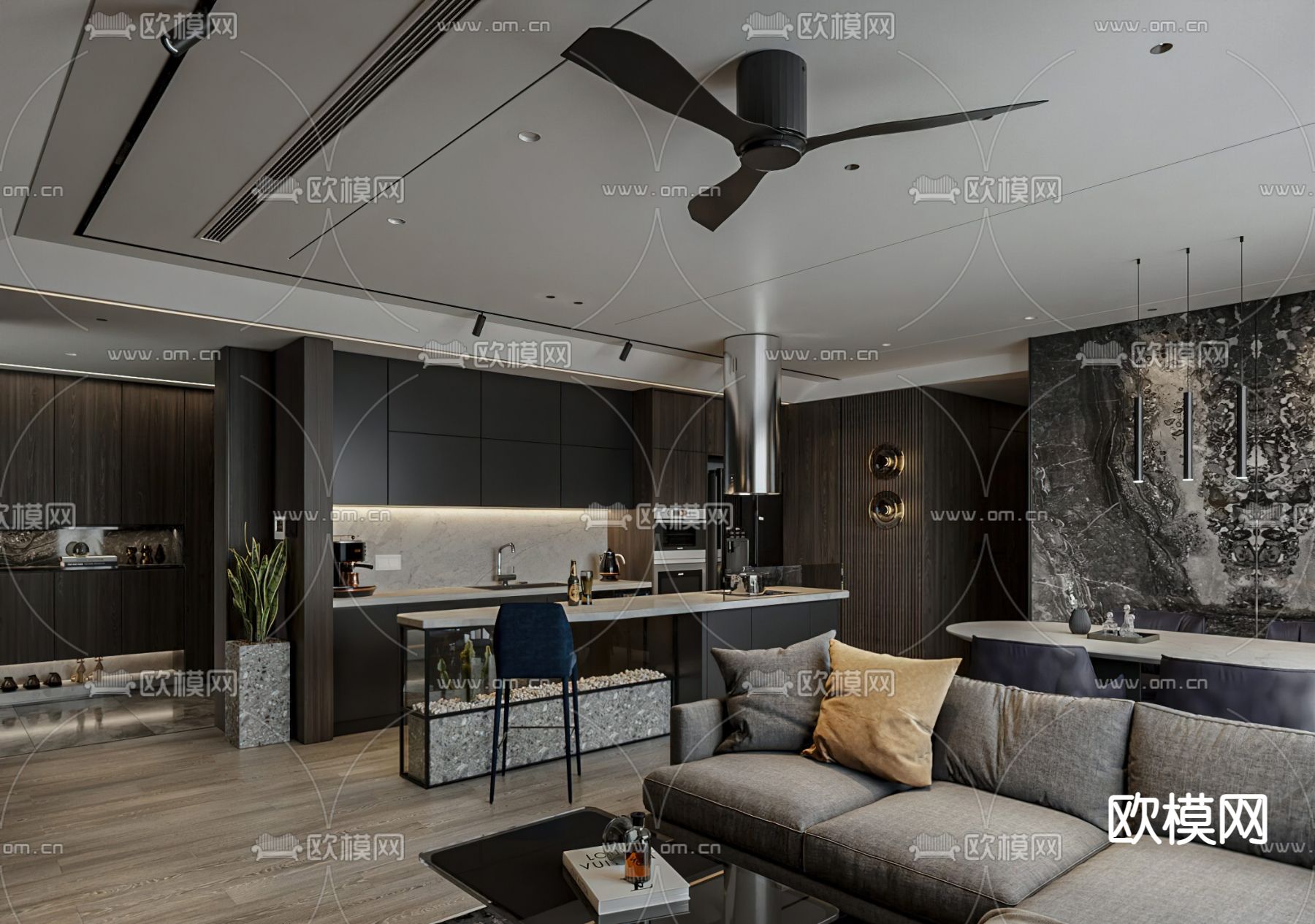现代暗黑风客餐厅3d模型下载（渲染图3）