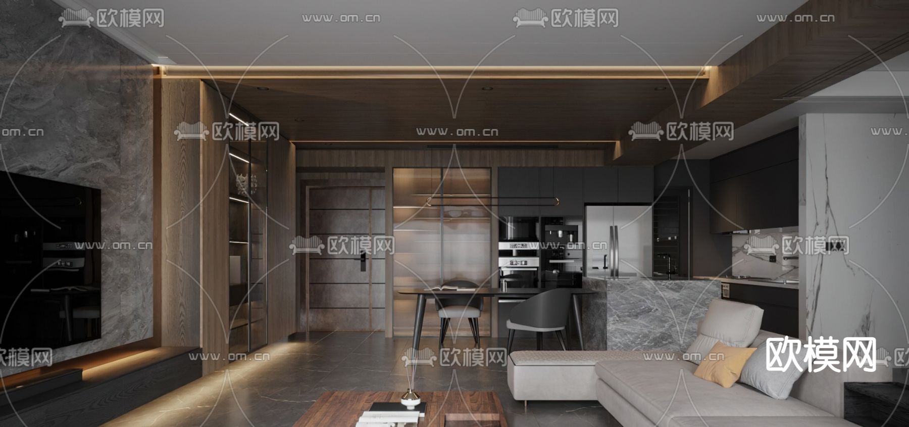 现代暗黑系客餐厅3d模型下载（渲染图4）