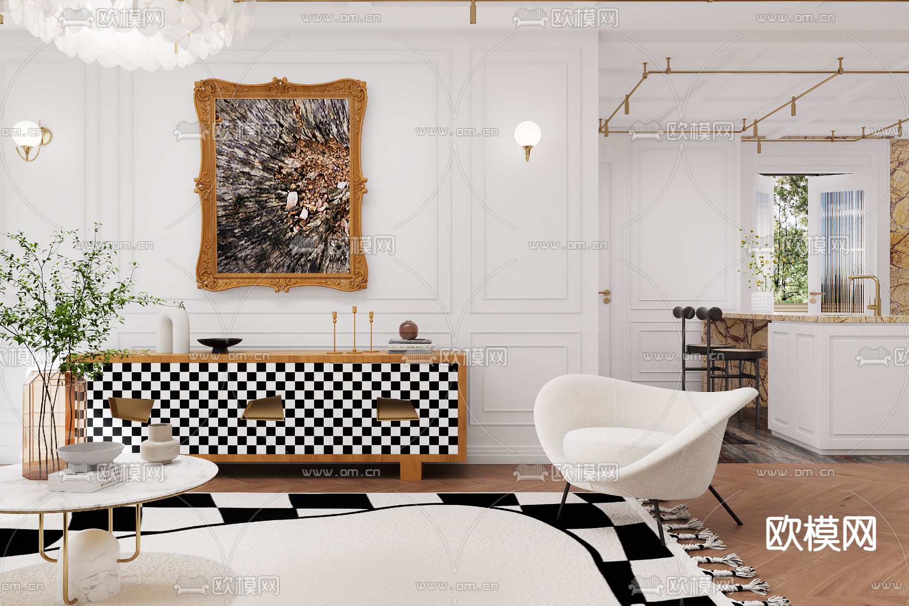 法式客厅餐厅3d模型下载（渲染图5）