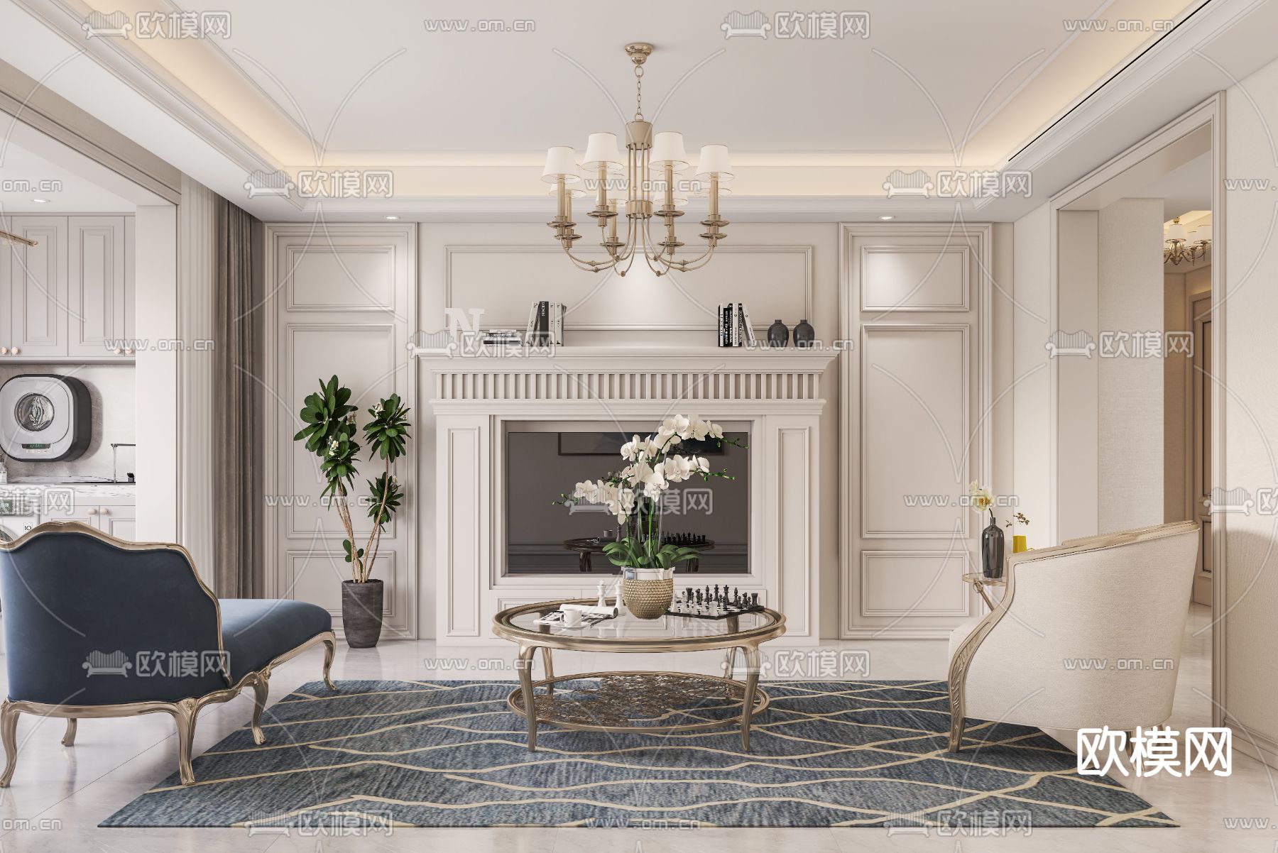 简欧客厅餐厅3d模型下载（渲染图4）