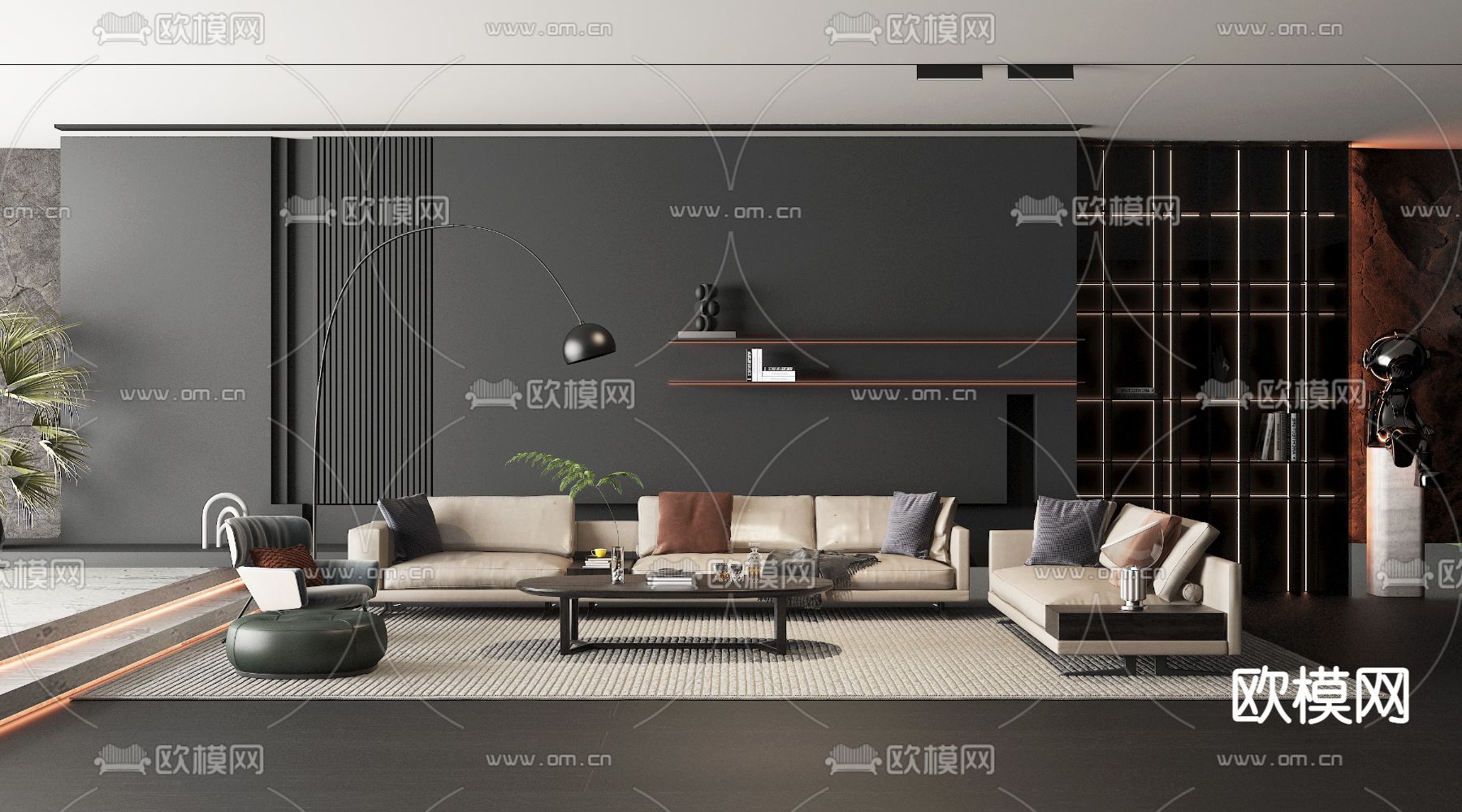 现代暗黑风客厅3d模型下载