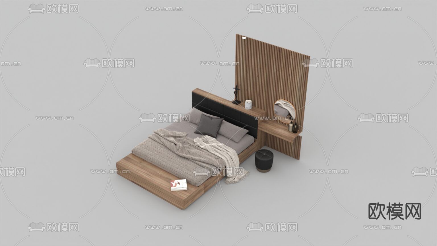 北欧简约实木布艺双人床免费3d模型下载