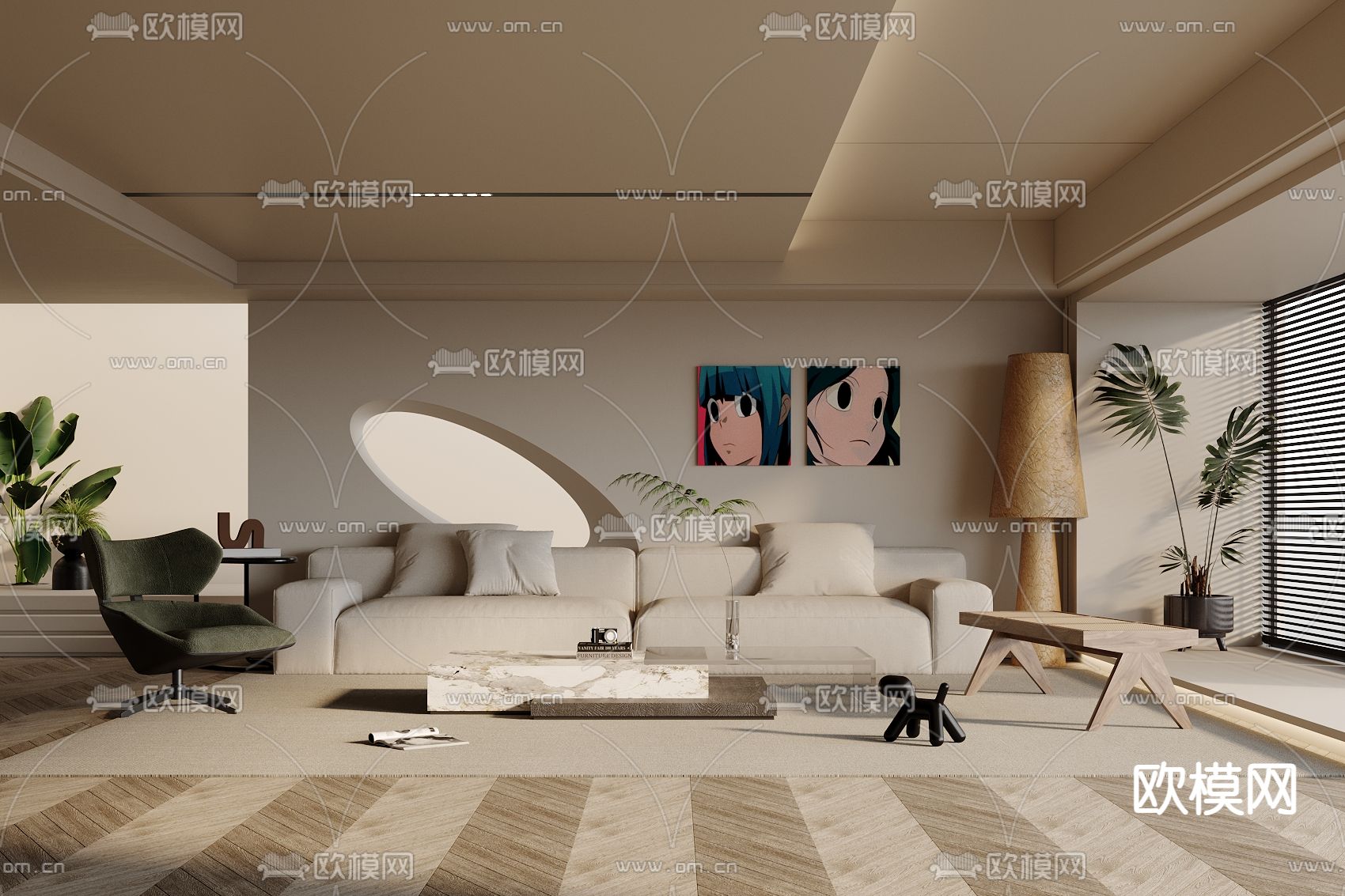 侘寂奶油风客厅3d模型