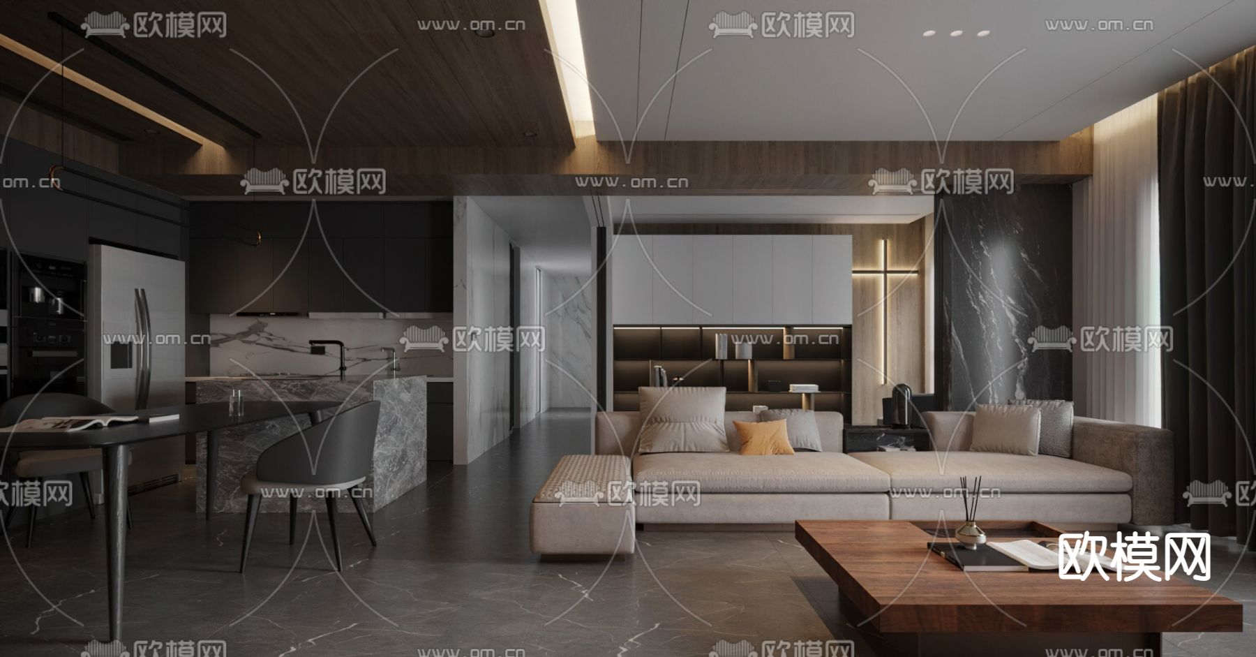 现代暗黑系客餐厅3d模型下载（渲染图1）