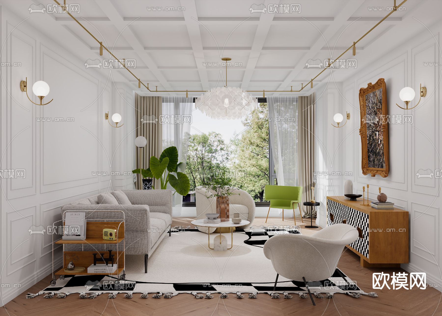 法式客厅餐厅3d模型下载（渲染图1）