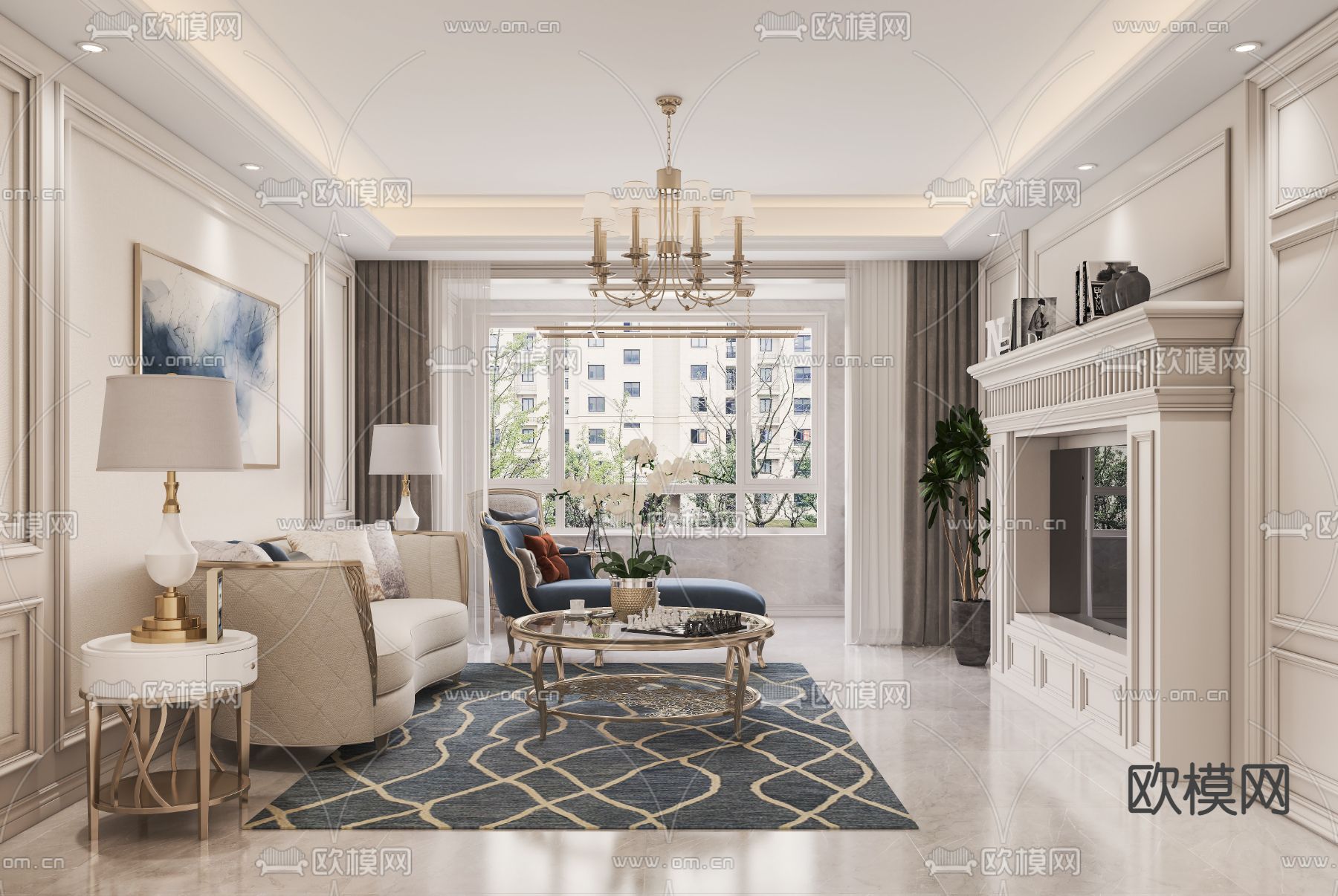 简欧客厅餐厅3d模型下载（渲染图1）