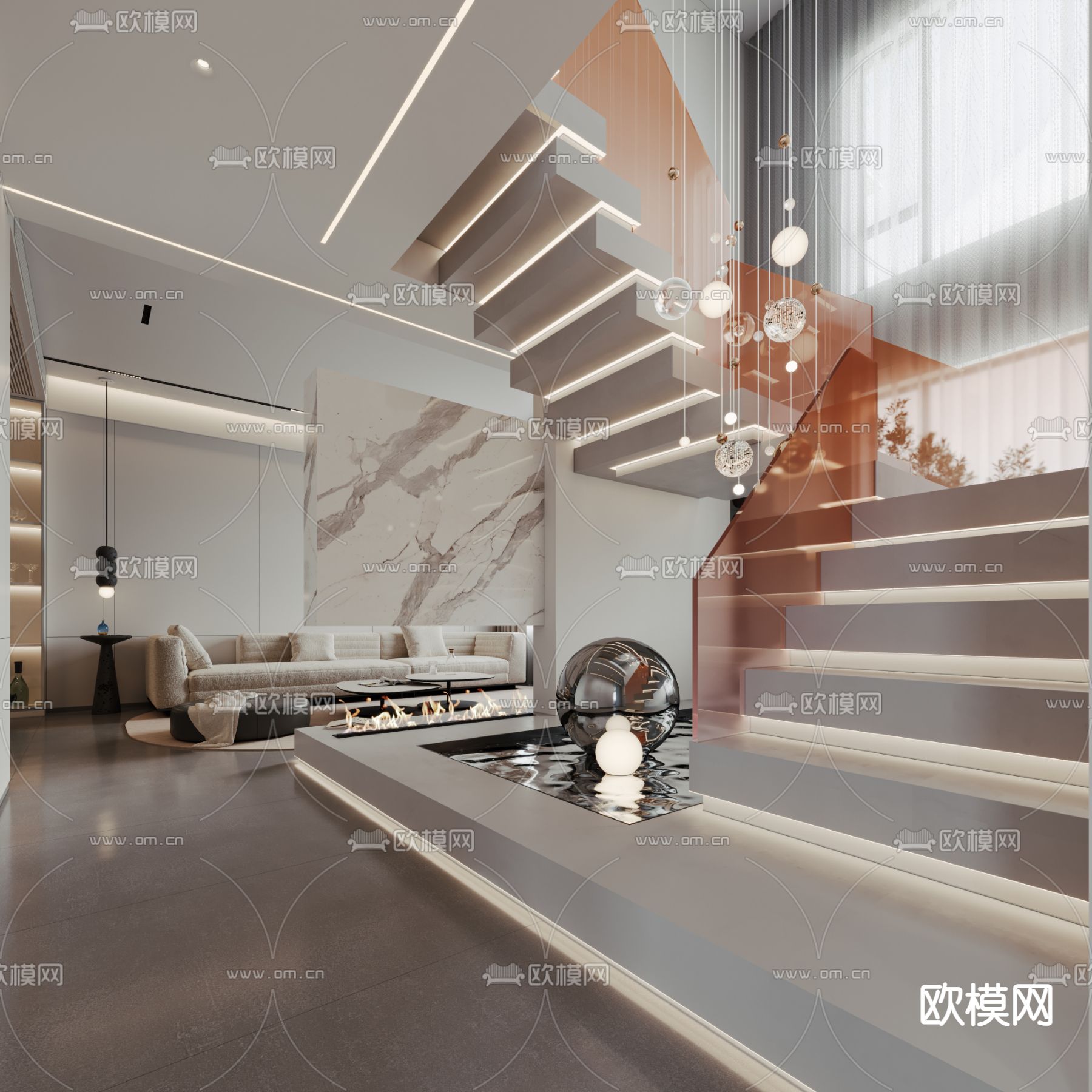 现代复式客厅餐厅3d模型