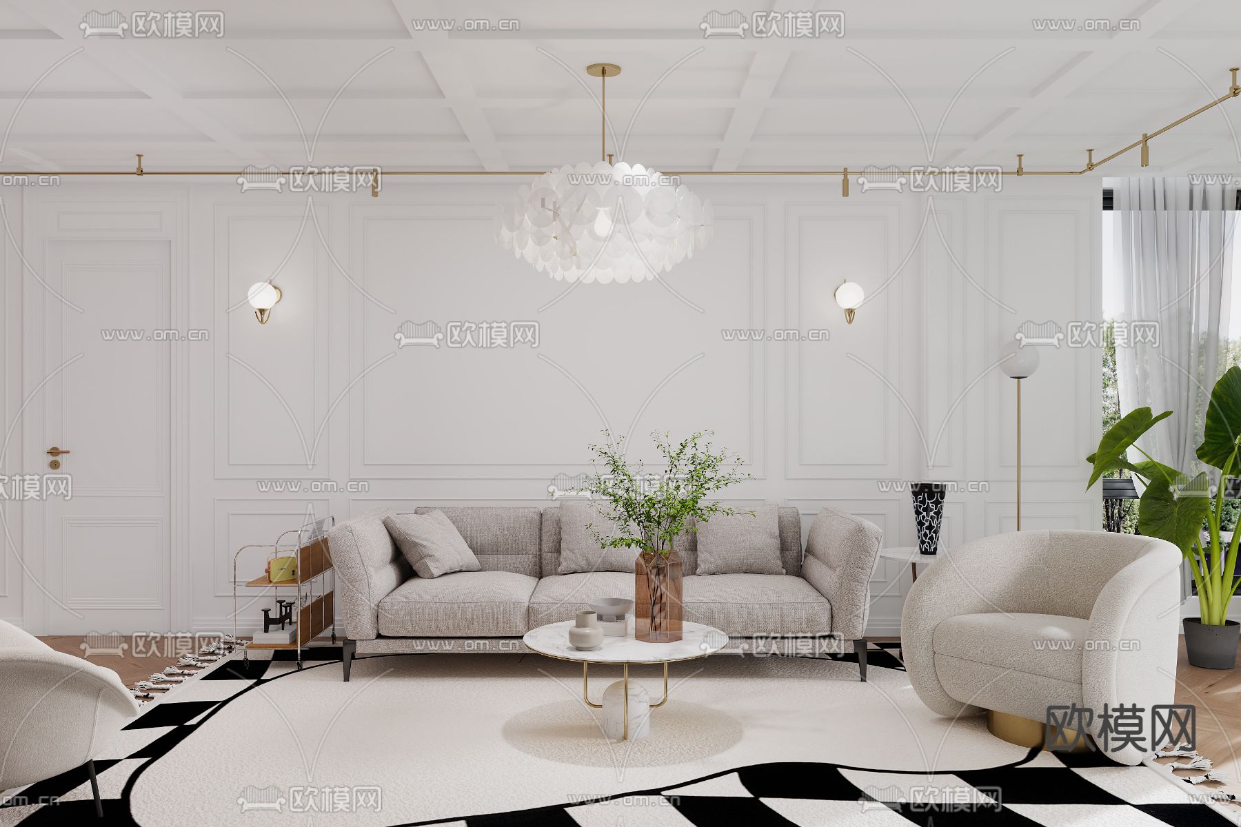 法式客厅餐厅3d模型下载（渲染图3）