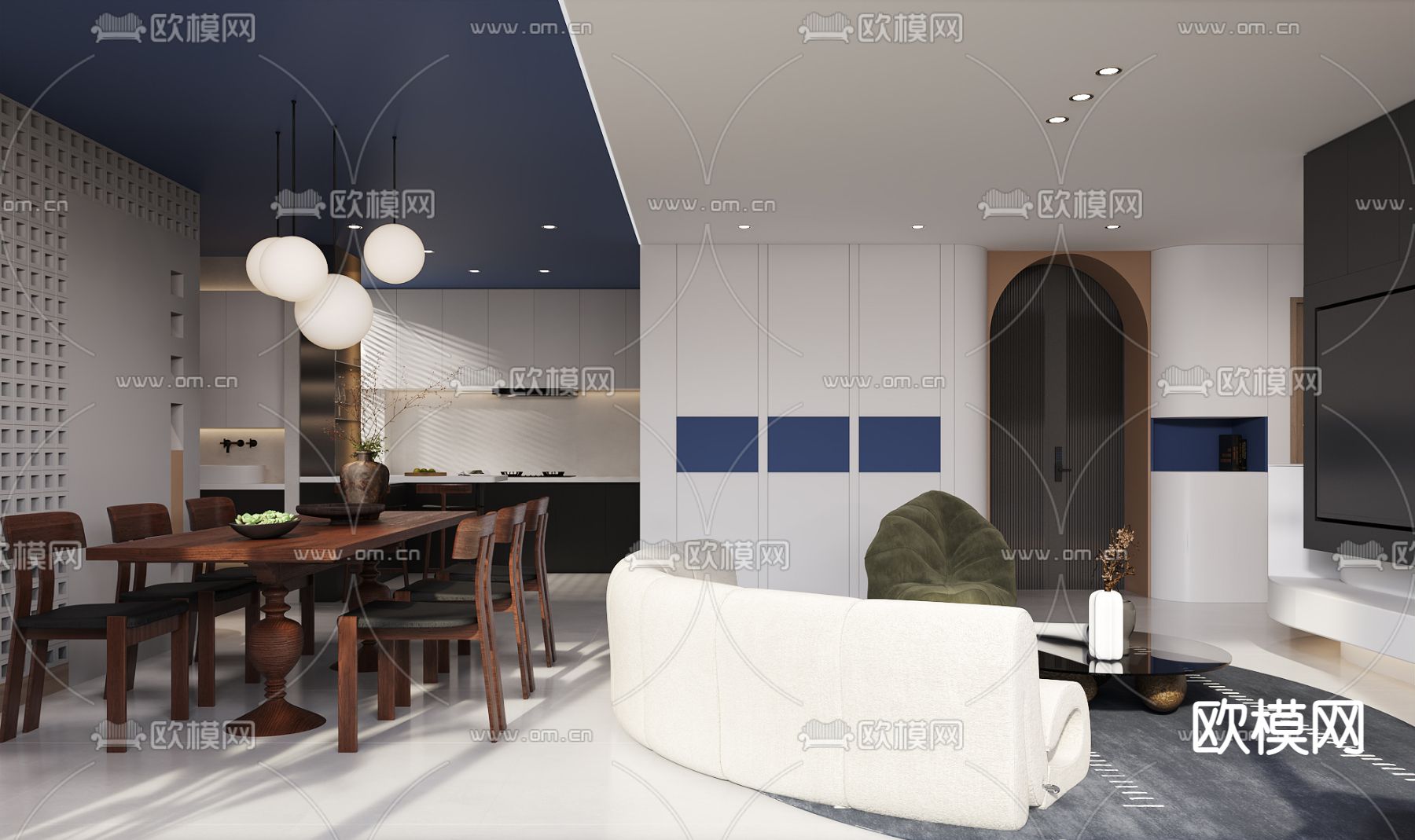 现代奶油风客厅餐厅3d模型下载（渲染图7）