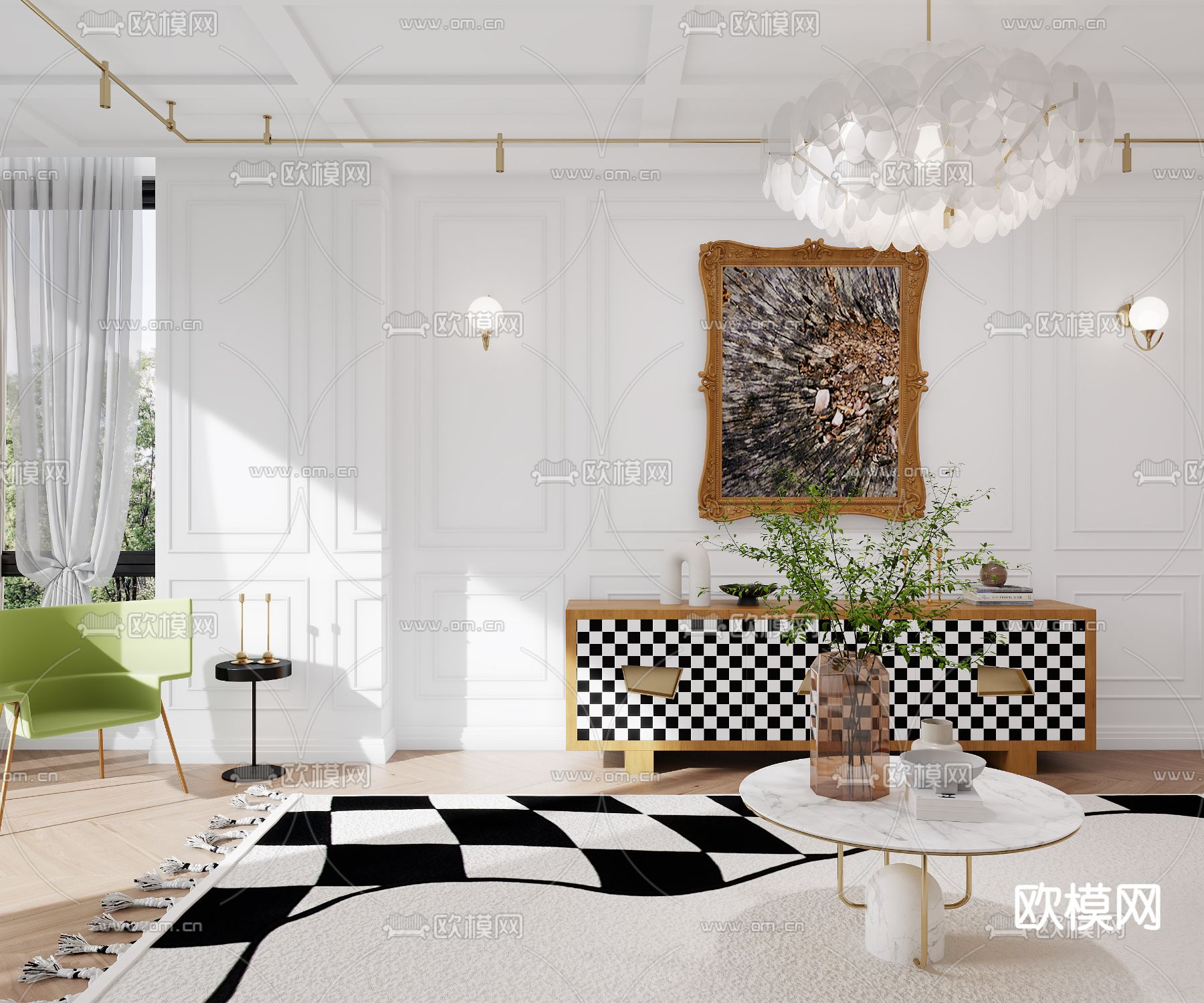 法式客厅餐厅3d模型下载（渲染图4）