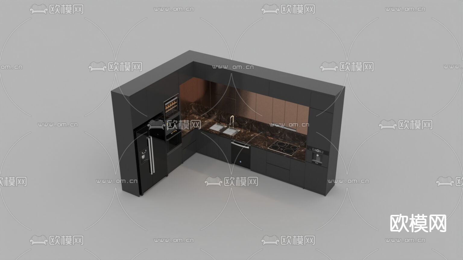 现代轻奢实木不锈钢大理石转角橱柜免费3d模型下载_ID12115813_3dmax免费模型-欧模网
