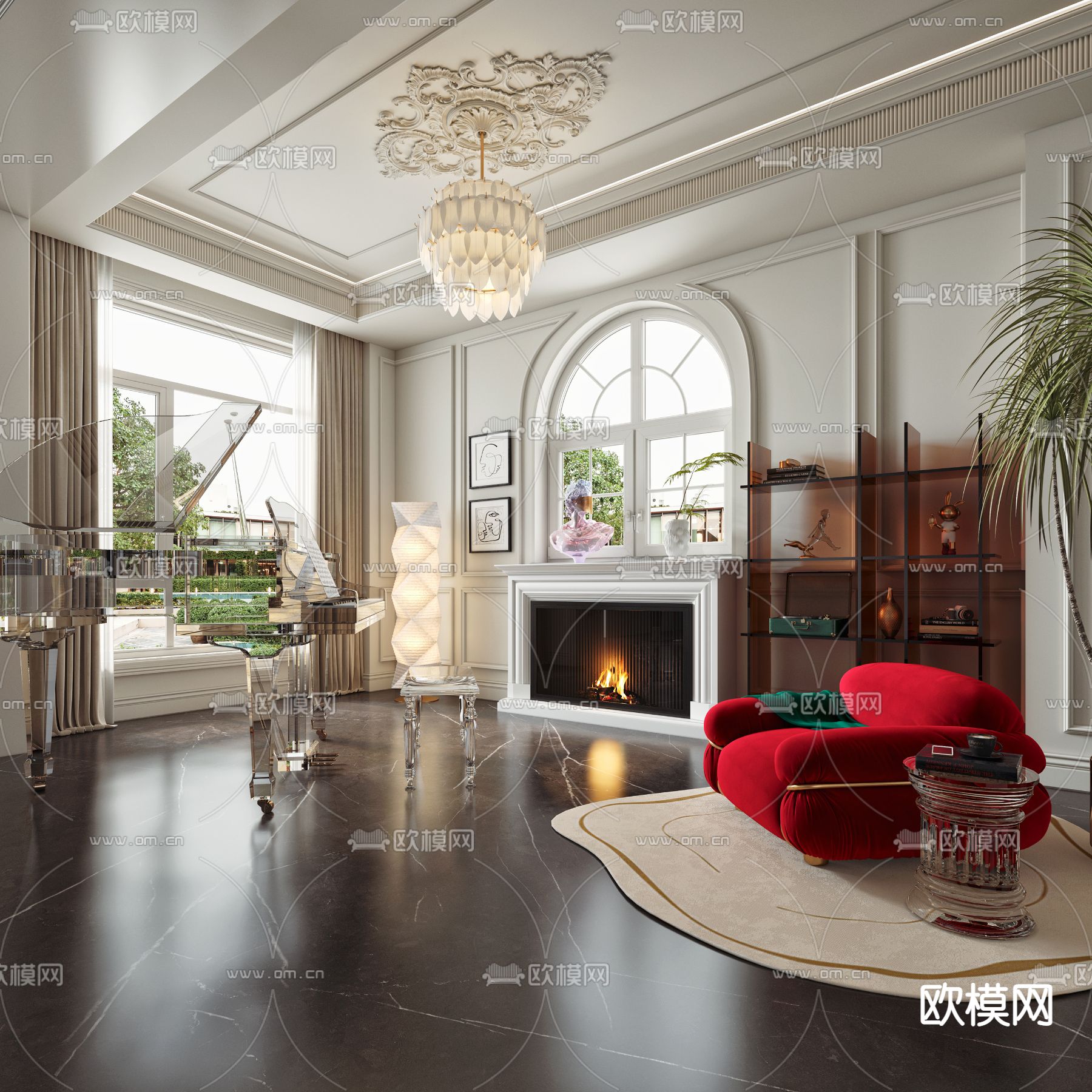 法式钢琴房 娱乐室 休息区3d模型下载_ID12114479_3dmax免费模型-欧模网