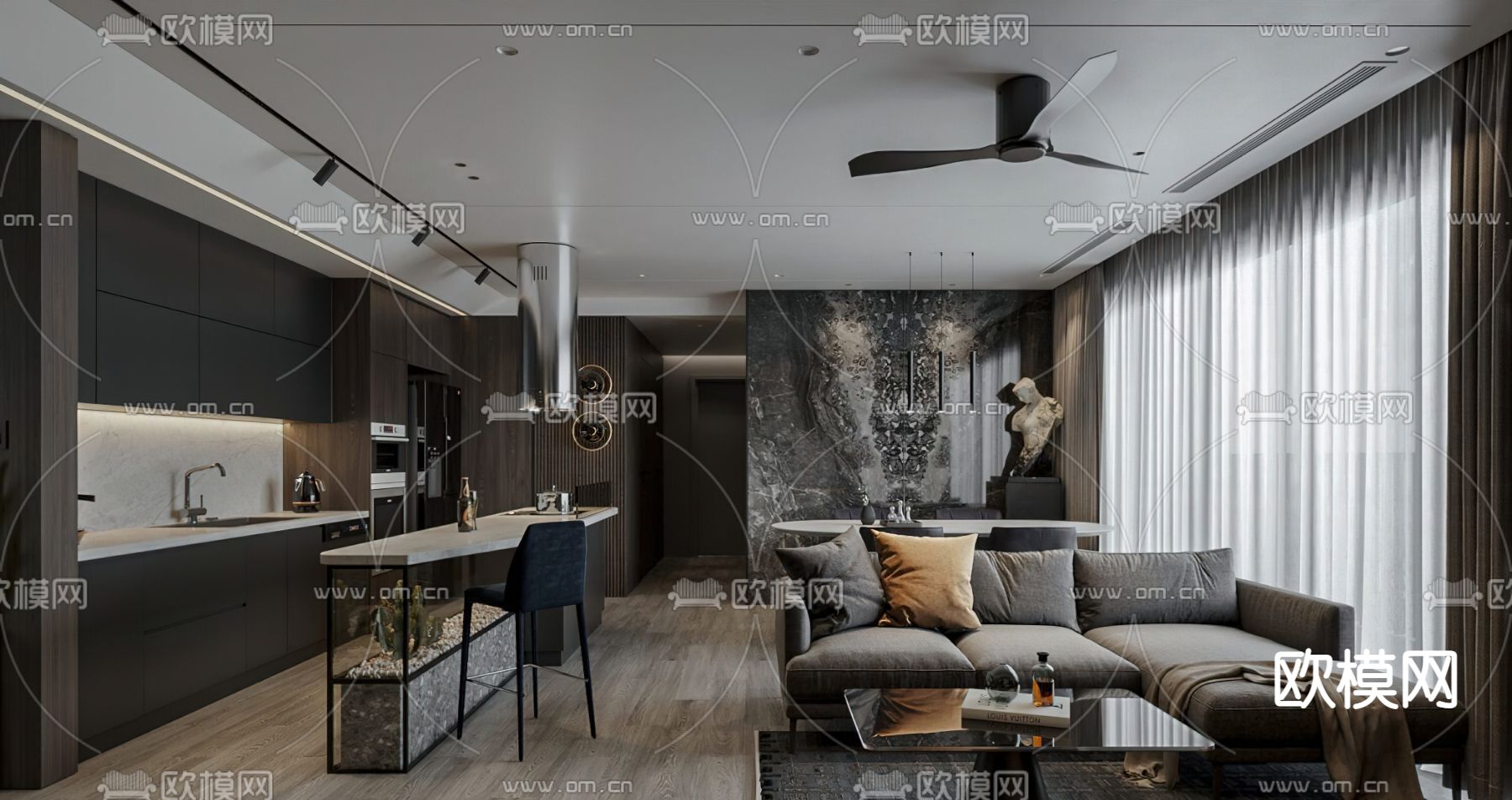 现代暗黑风客餐厅3d模型下载（渲染图1）