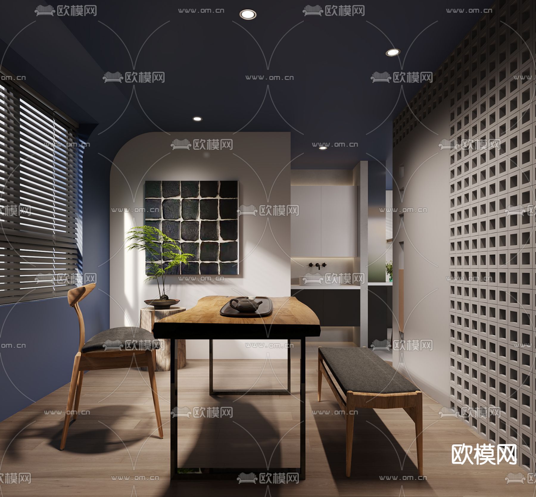 现代奶油风客厅餐厅3d模型下载（渲染图5）