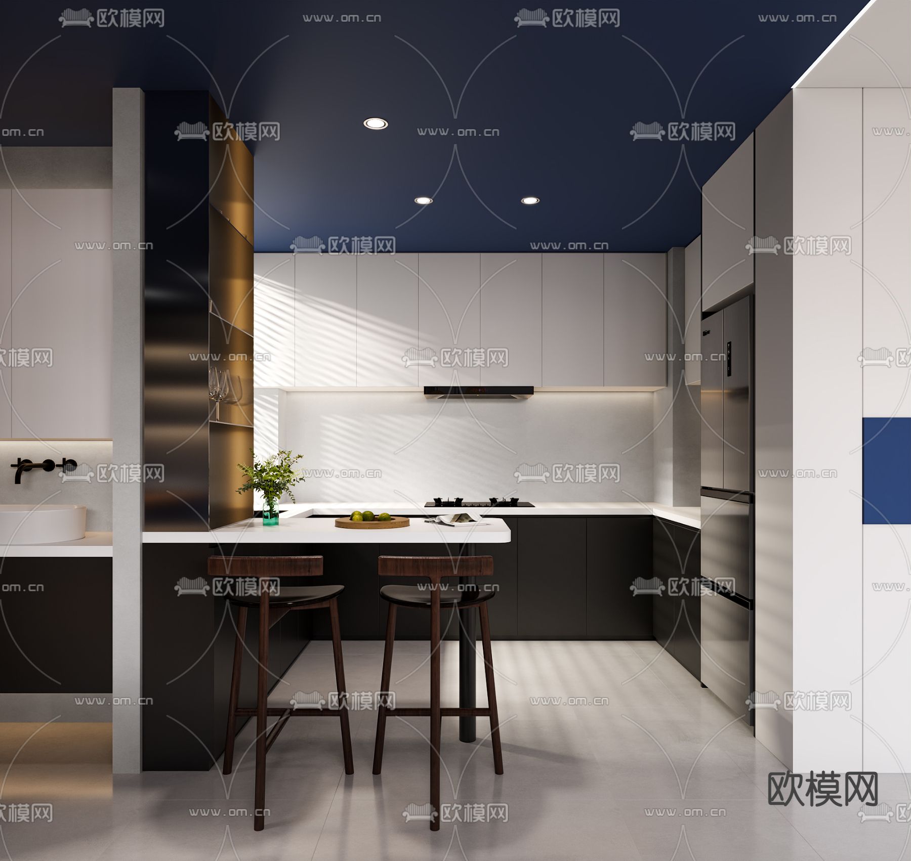 现代奶油风客厅餐厅3d模型下载（渲染图8）