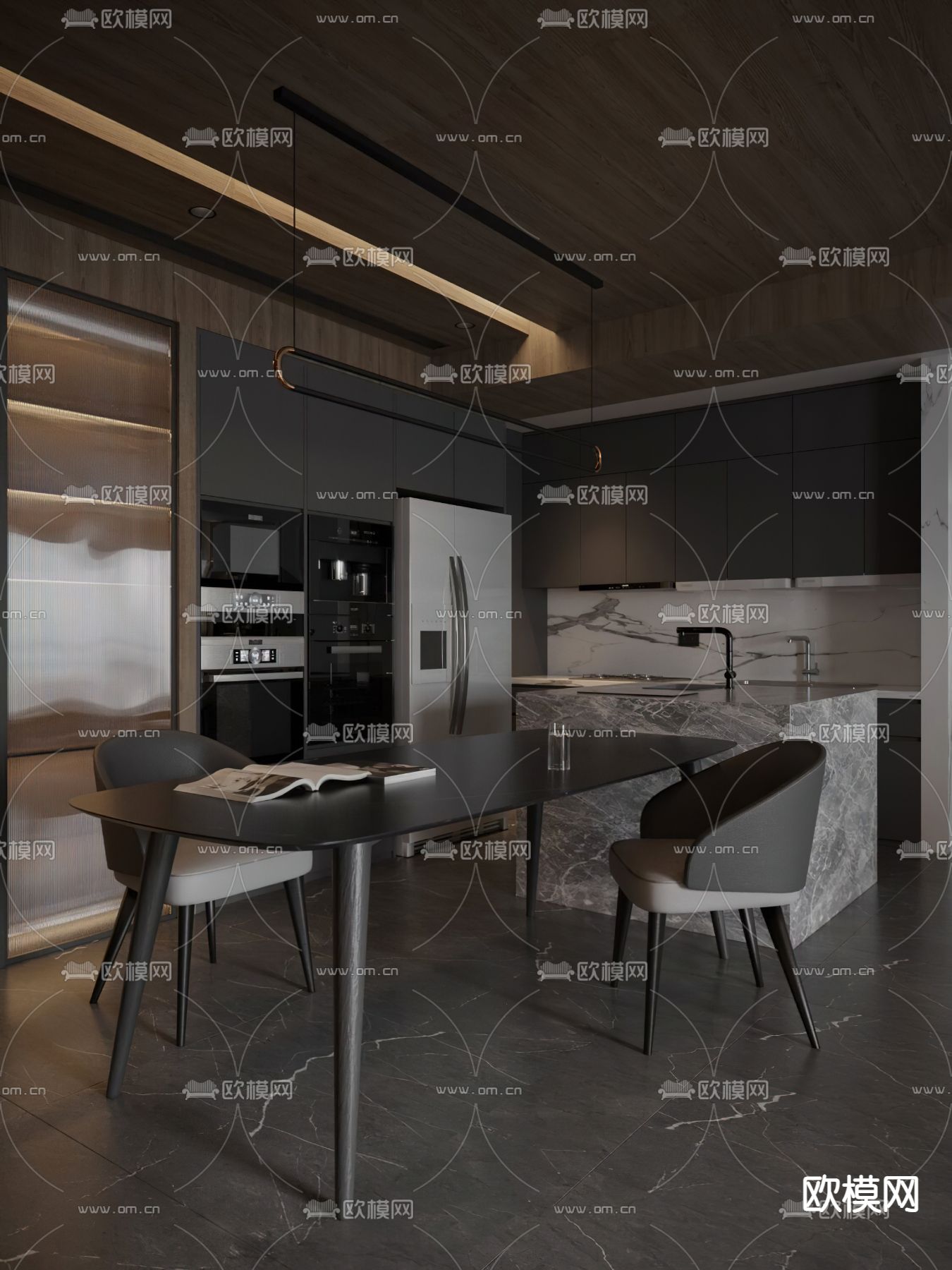 现代暗黑系客餐厅3d模型下载（渲染图3）