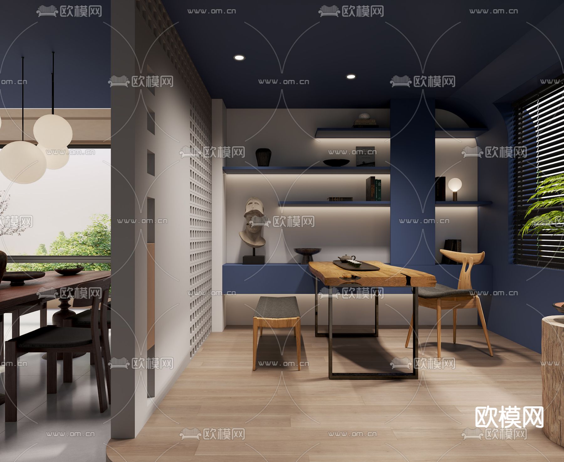 现代奶油风客厅餐厅3d模型下载（渲染图3）