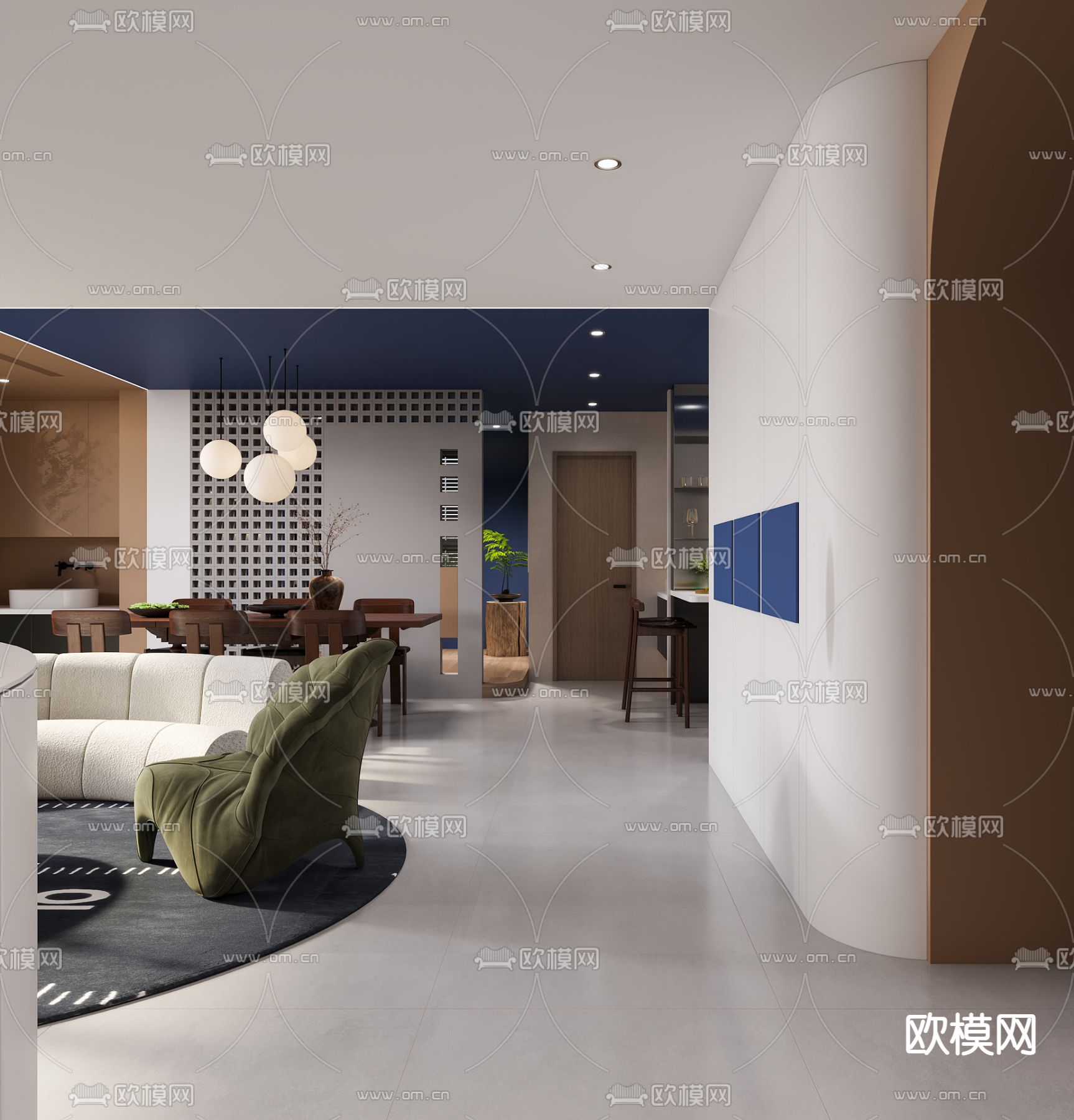 现代奶油风客厅餐厅3d模型下载（渲染图4）