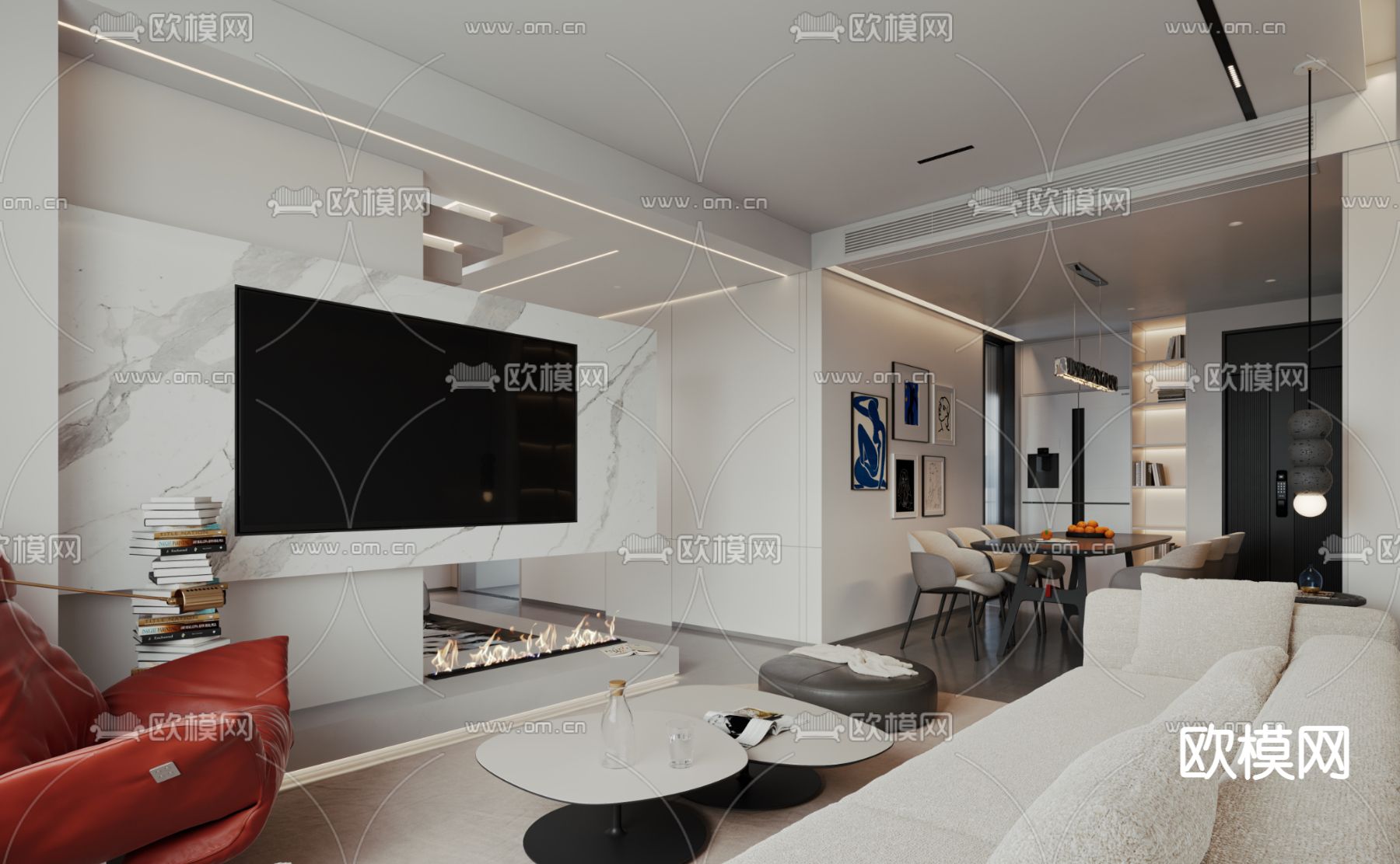 现代复式客厅餐厅3d模型