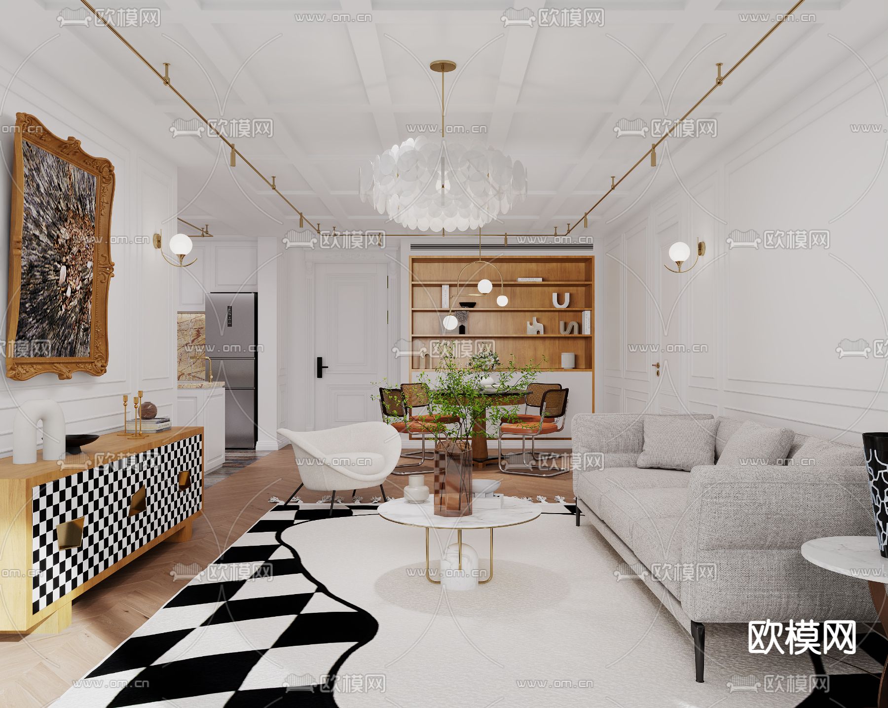 法式客厅餐厅3d模型下载（渲染图2）