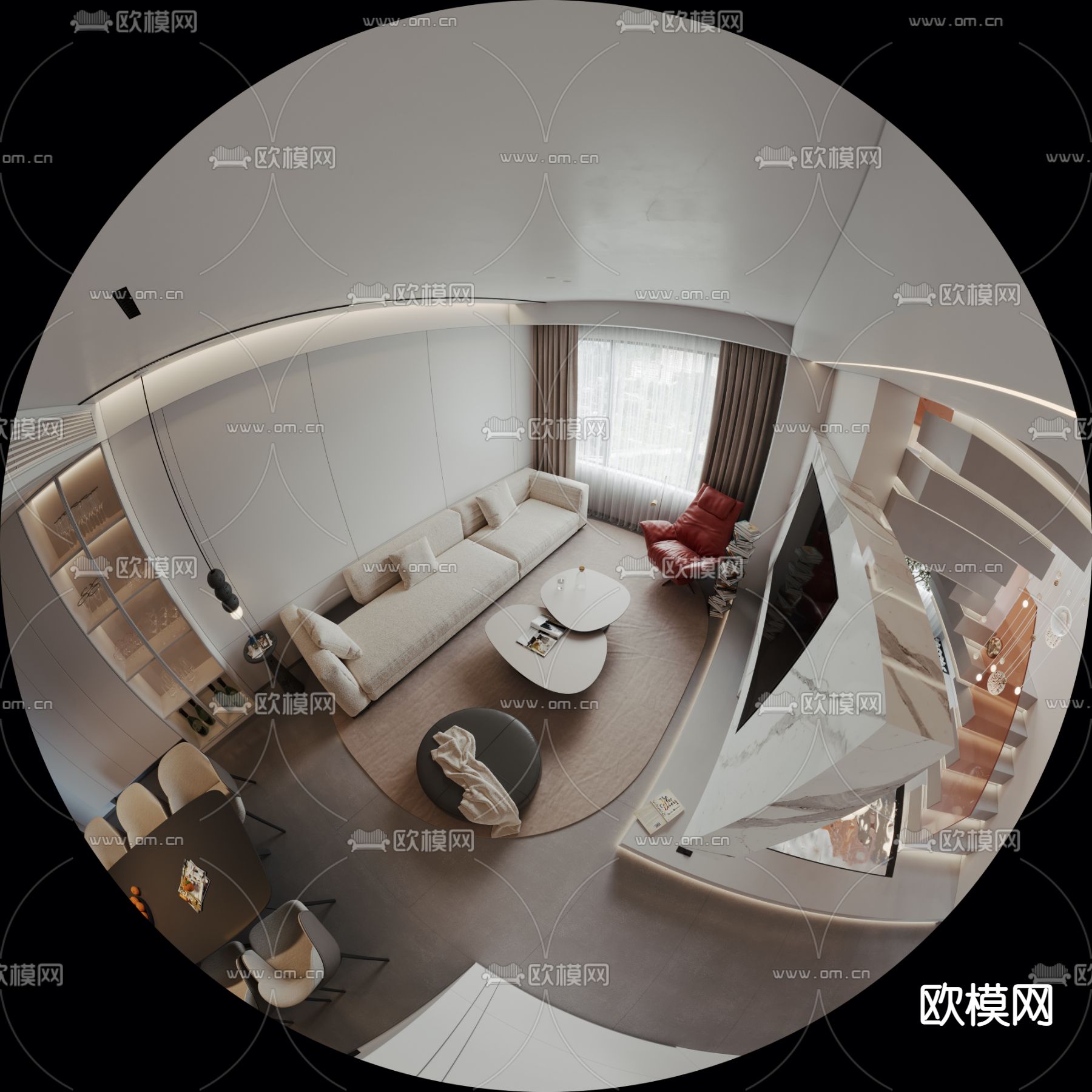 现代复式客厅餐厅3d模型